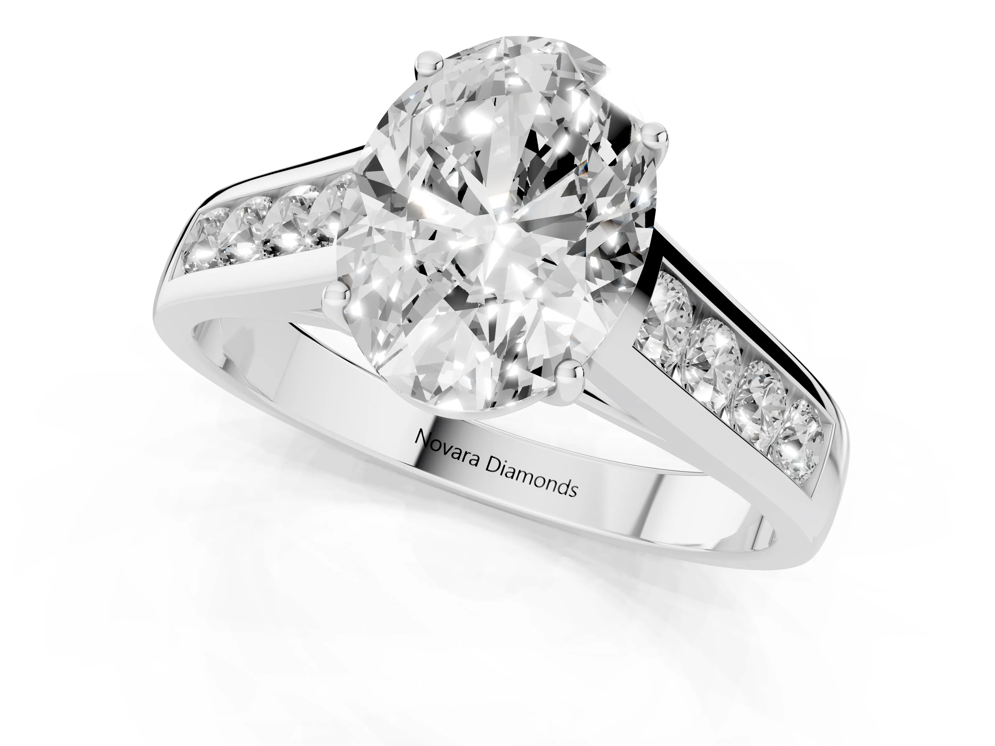 Oval Cut Diamond Solitaire Channel-Set Engagement Ring Set in Silver with Prong Setting
