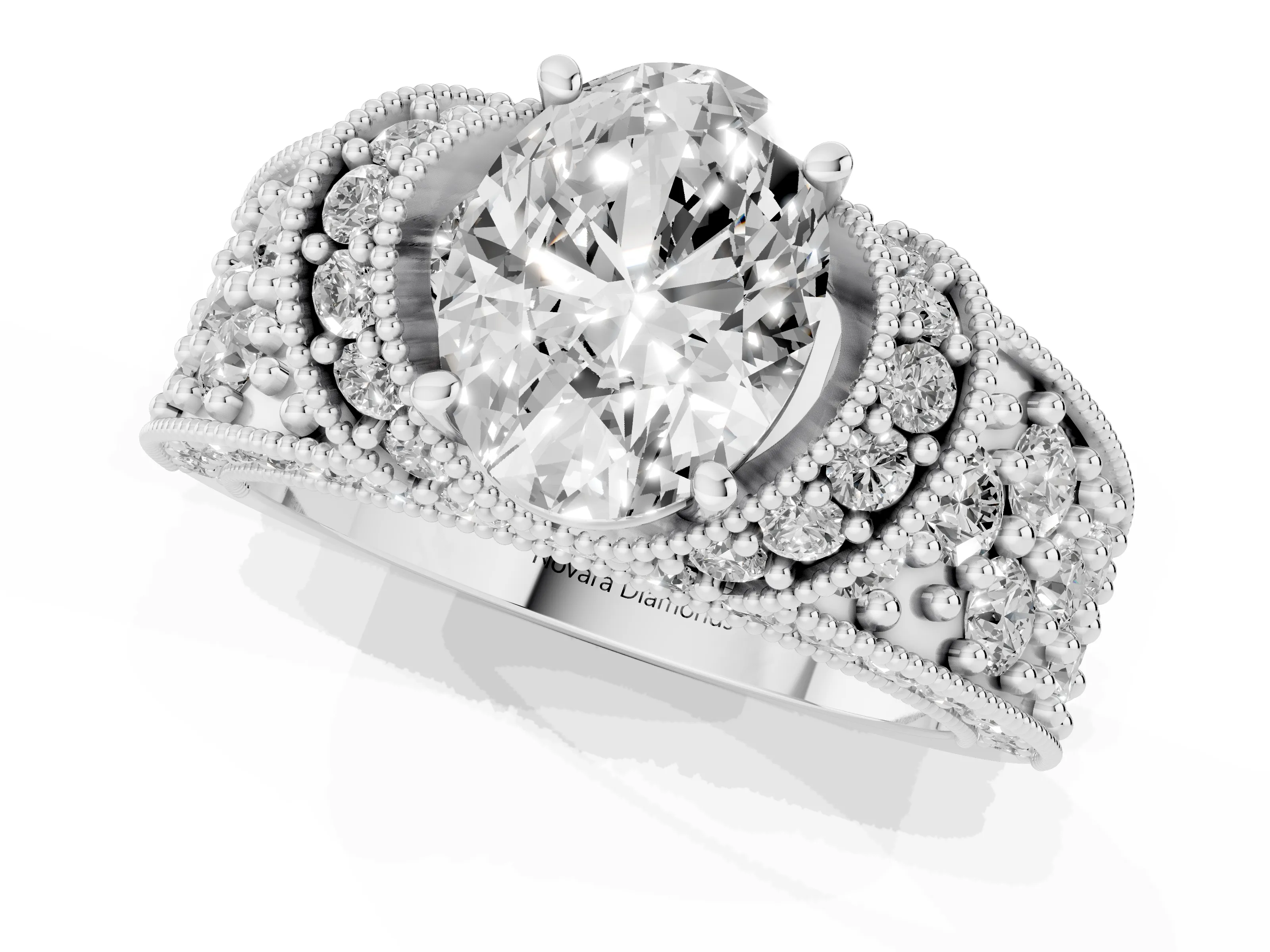 Oval Cut Diamond Milgrain Halo Pavé Engagement Ring Set in Platinum with Prong Setting