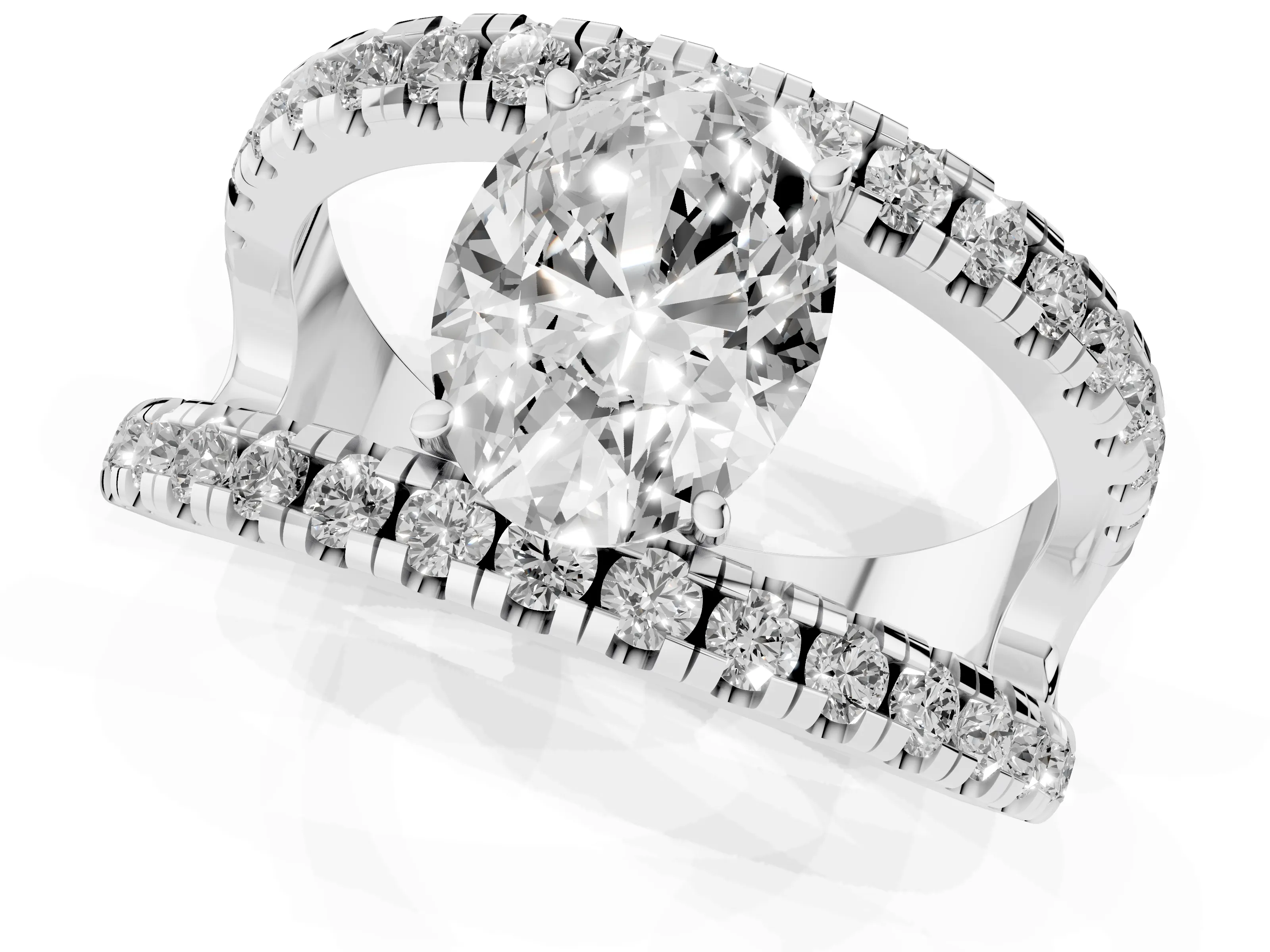 Oval Cut Diamond Split Shank Pavé Solitaire Ring Set in Silver with Open Shank Design