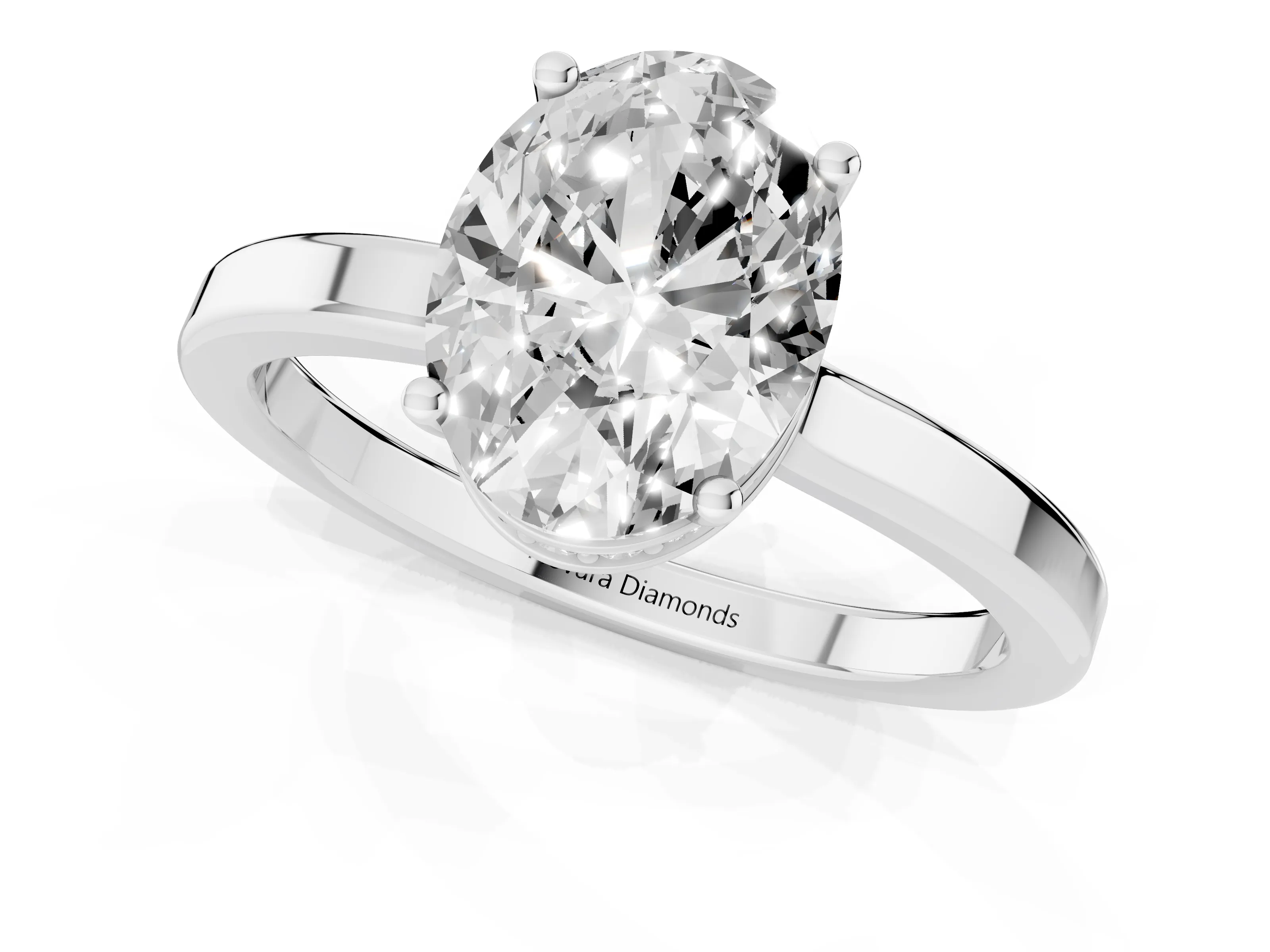 Oval Cut Diamond Solitaire Engagement Ring Set in Platinum with Prong Setting on a Plain Band – second view