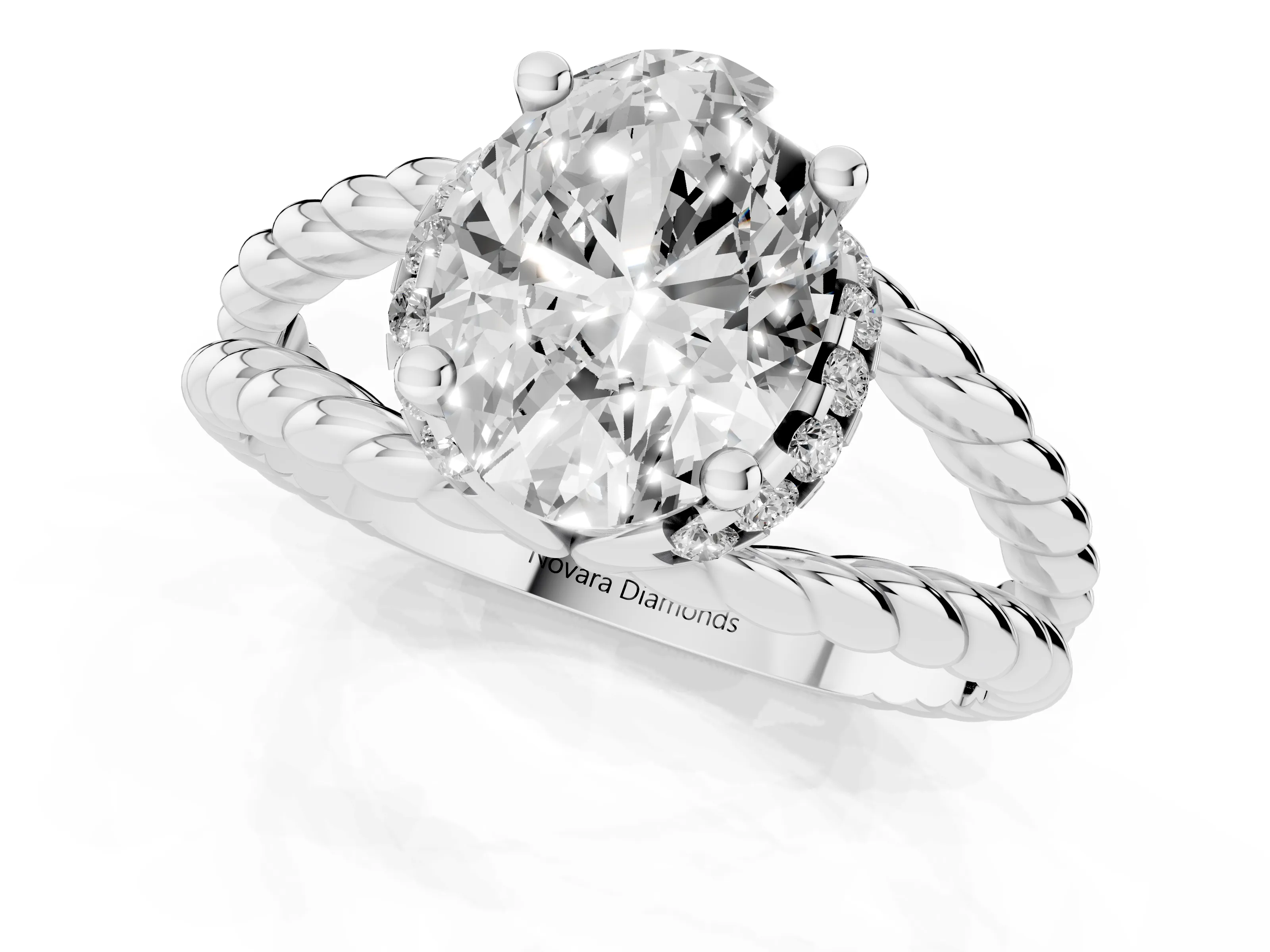 Oval Cut Diamond Halo Ring Set in White gold with Twisted Band and Prong Setting