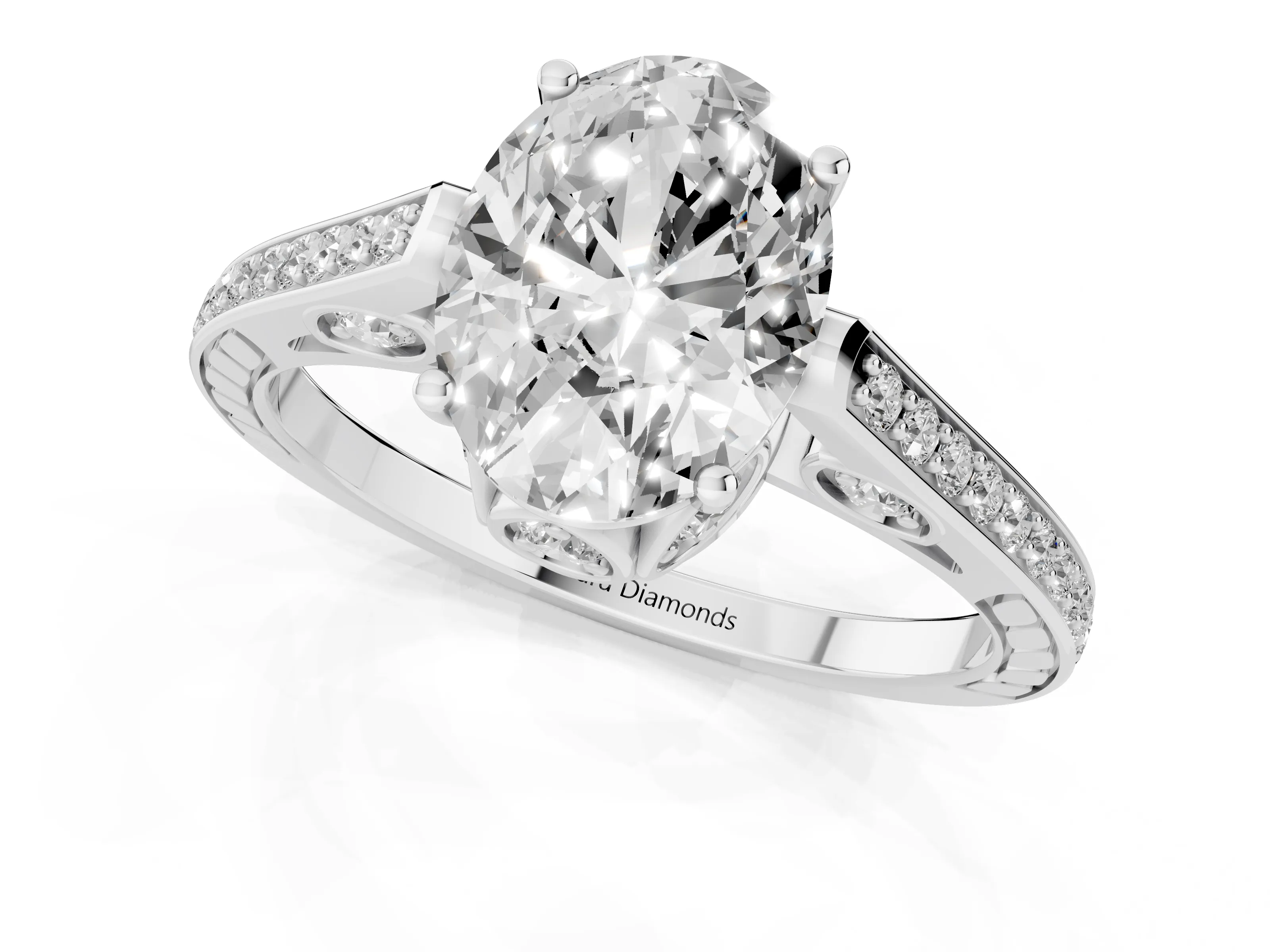 Oval Cut Diamond Cathedral Pavé Engagement Ring Set in White gold with Prong Setting