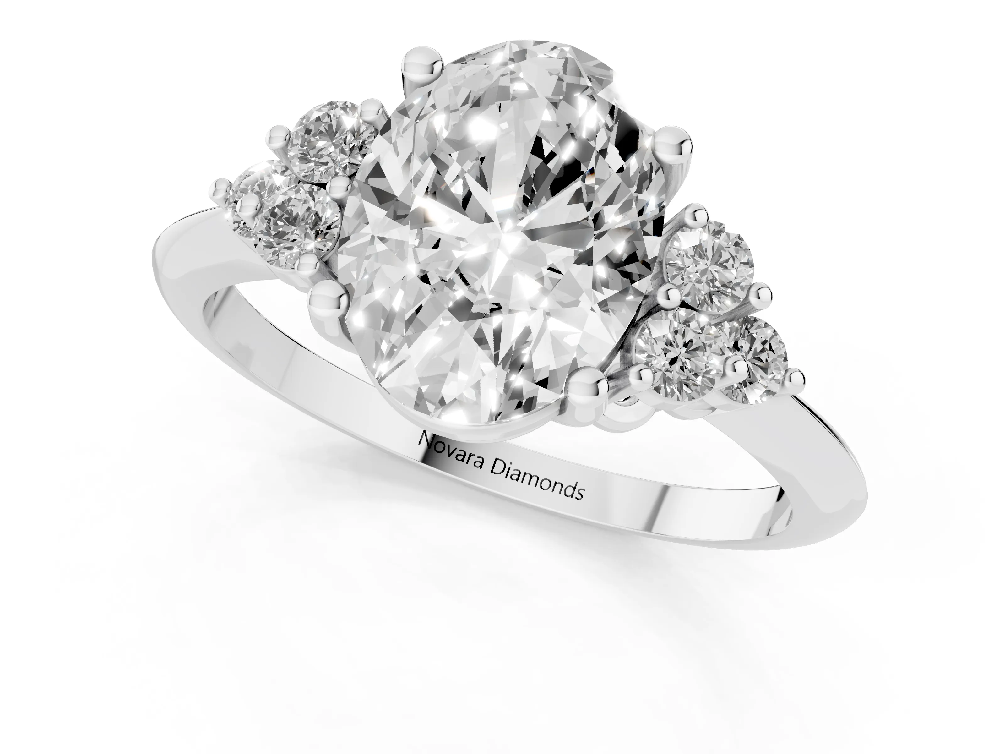 Oval Cut Diamond Cluster Ring Set in Silver with Plain Band and Prong Setting