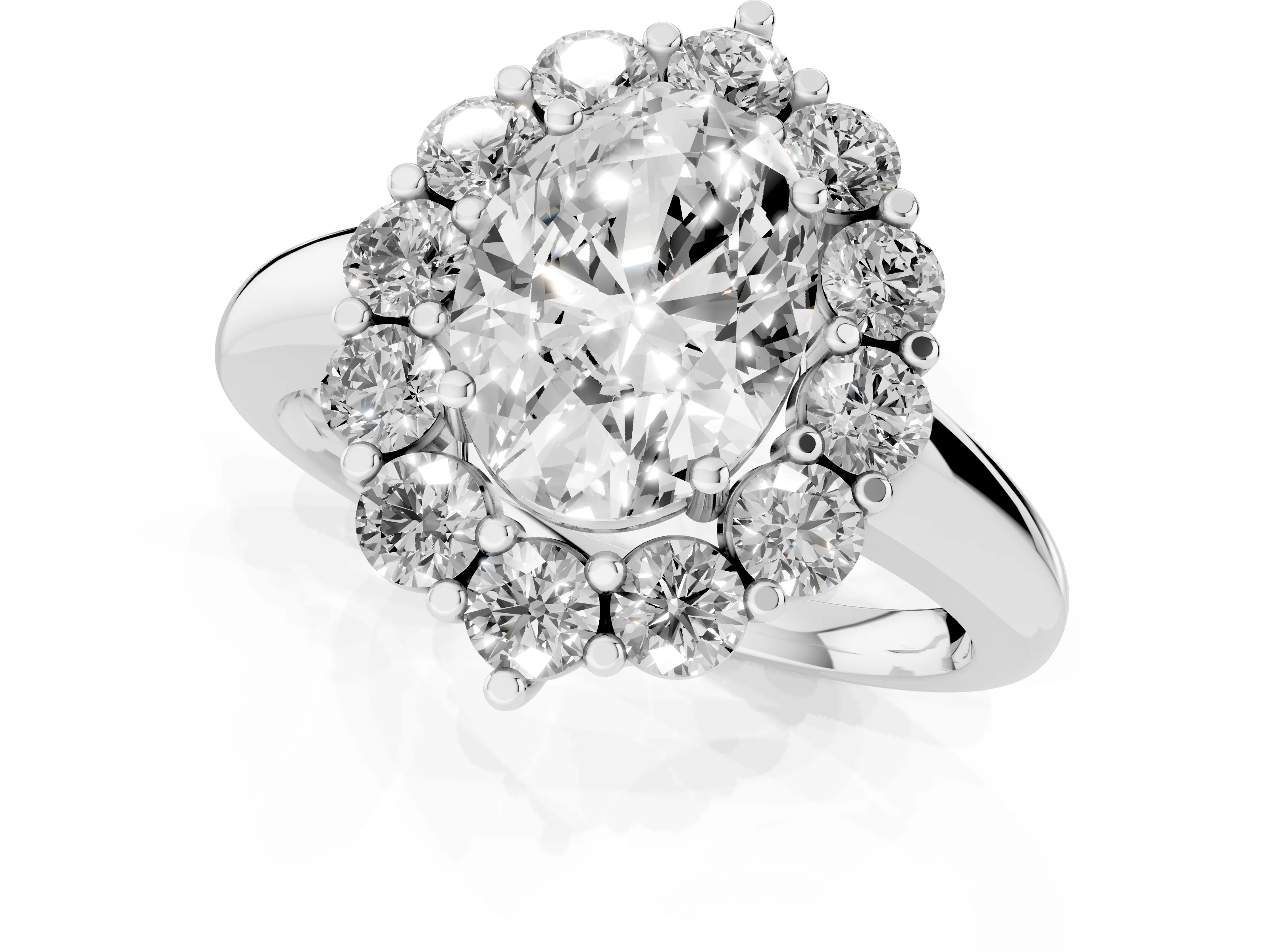 Oval Cut Diamond Halo Cluster Engagement Ring Set in Silver with Polished Band and Prong Setting