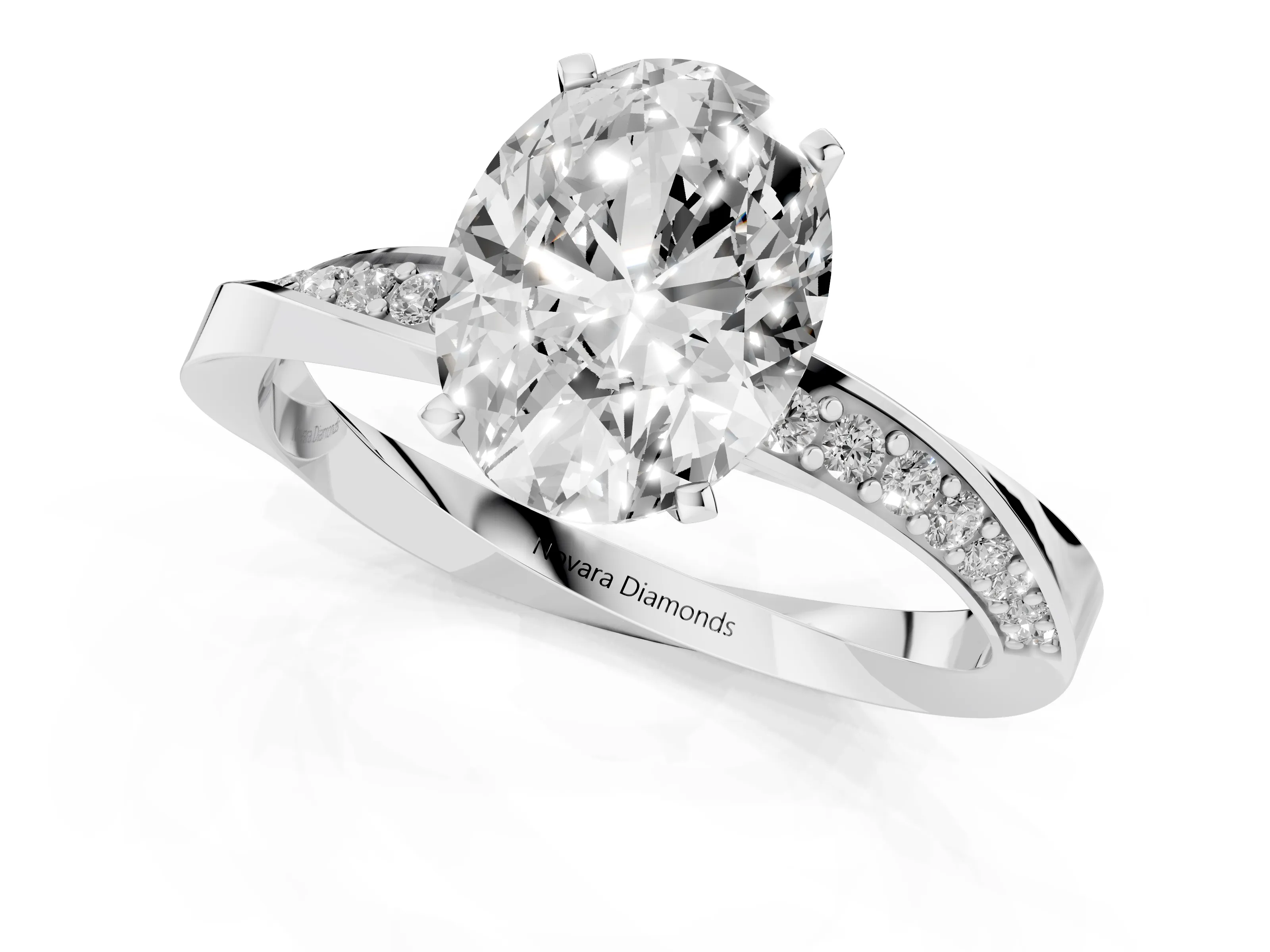 Oval Cut Diamond Engagement Ring Set in Platinum with Side Stone Accents and Prong Setting