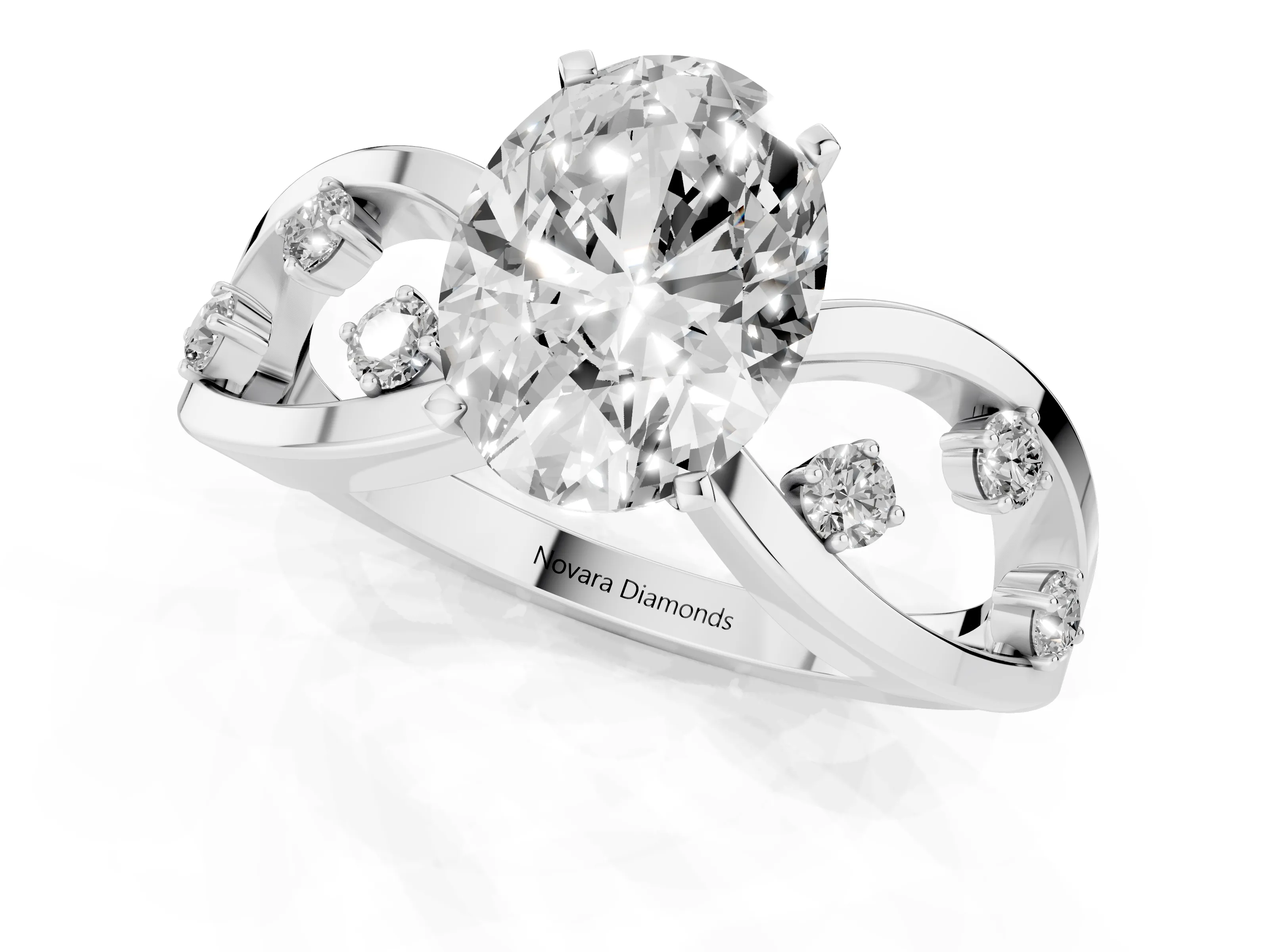 Oval Cut Diamond Solitaire Ring Set in Silver with Side Stones on Criss-Cross Band and Prong Setting – second view