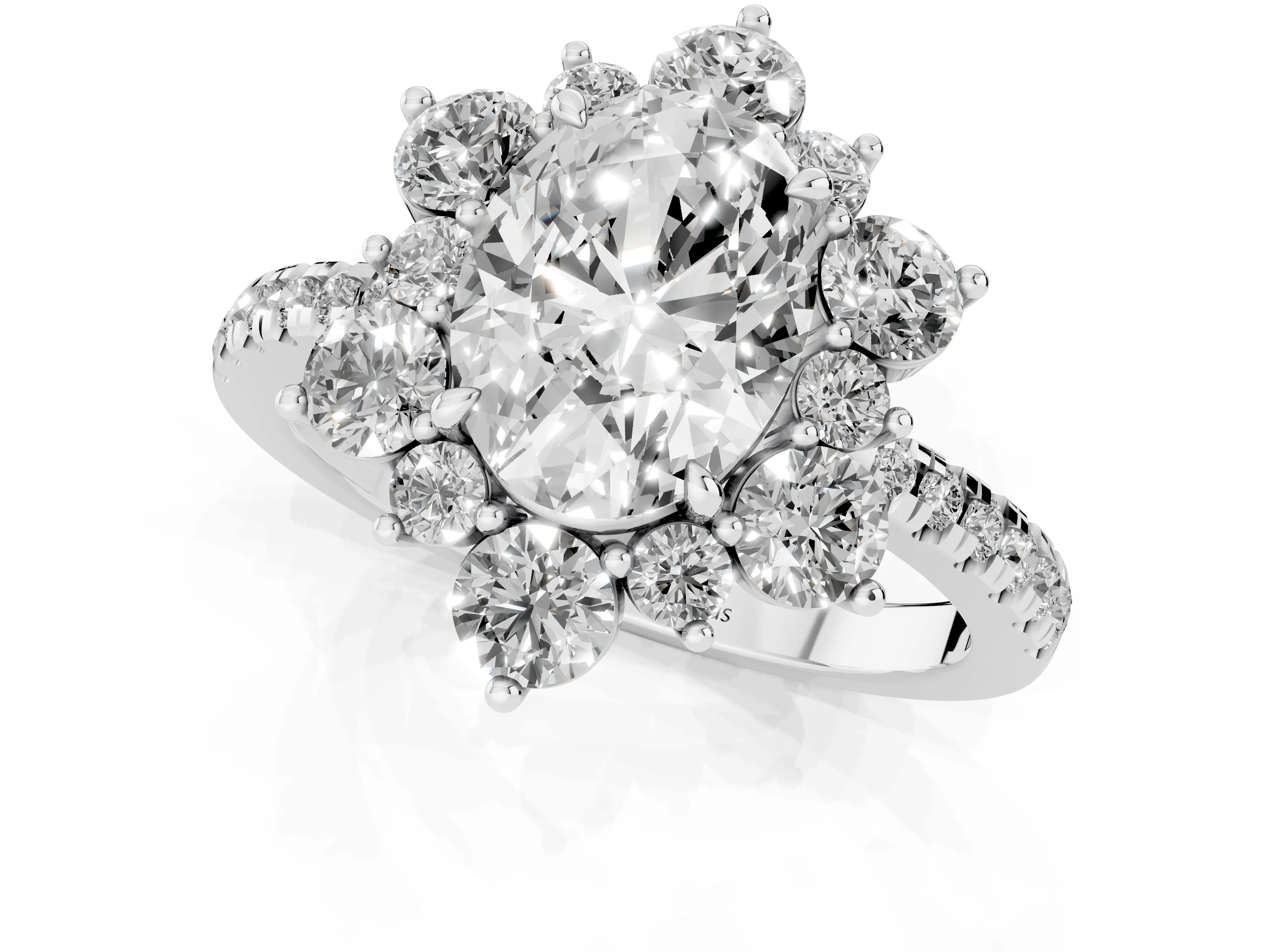 Oval Cut Diamond Floral Halo Ring Set in White gold with Round Pavé Band and Prong Setting
