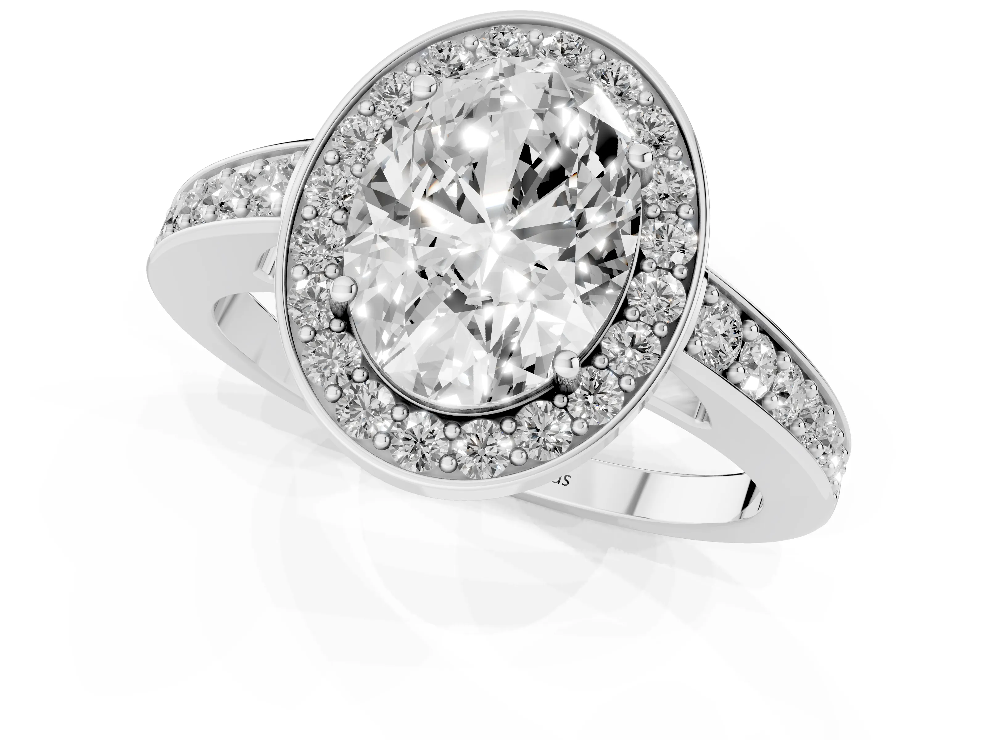 Oval Cut Diamond Halo Pavé Engagement Ring Set in White gold with Bezel Setting
