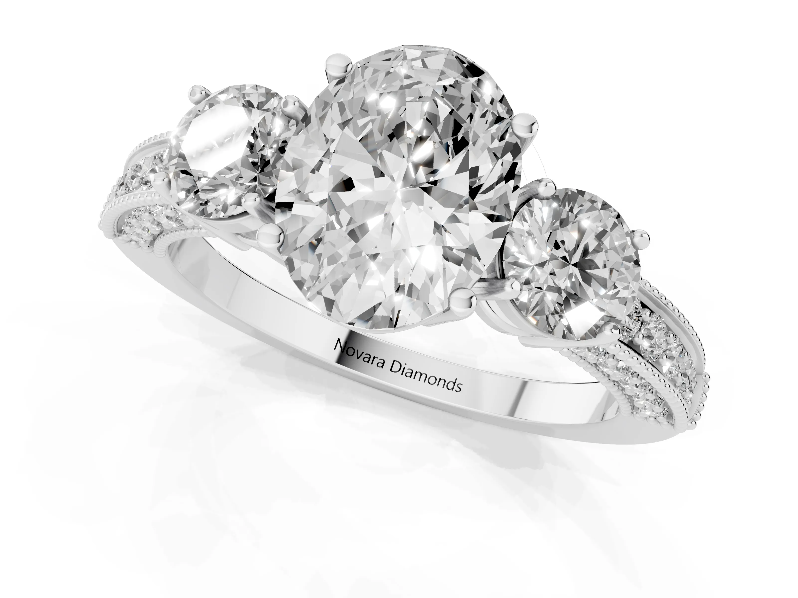 Oval Cut Diamond Three-Stone Ring Set in Silver with Round Side Stones and Pavé Band