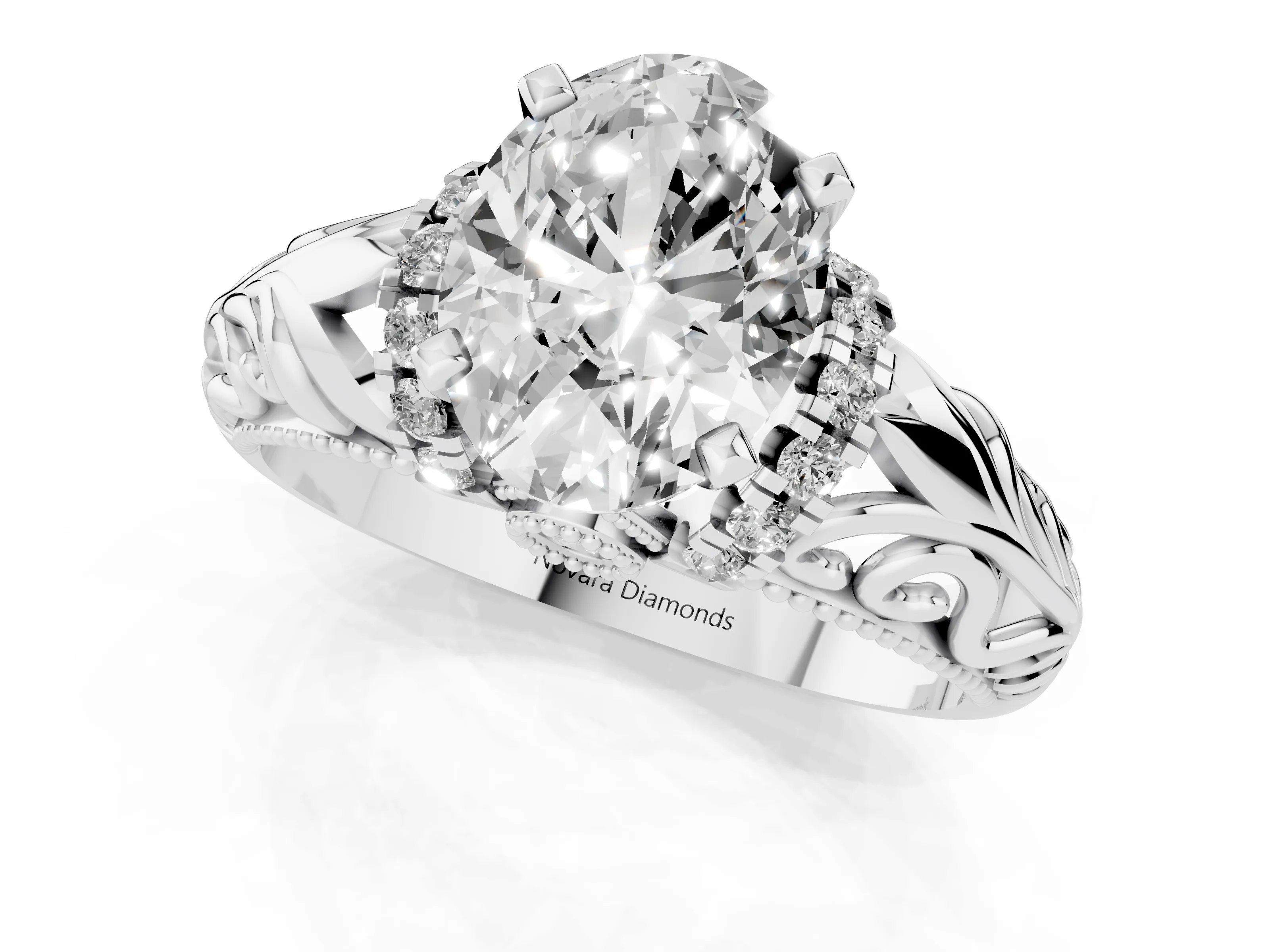 Oval Cut Diamond Filigree Halo Engagement Ring Set in Platinum with Prong Setting