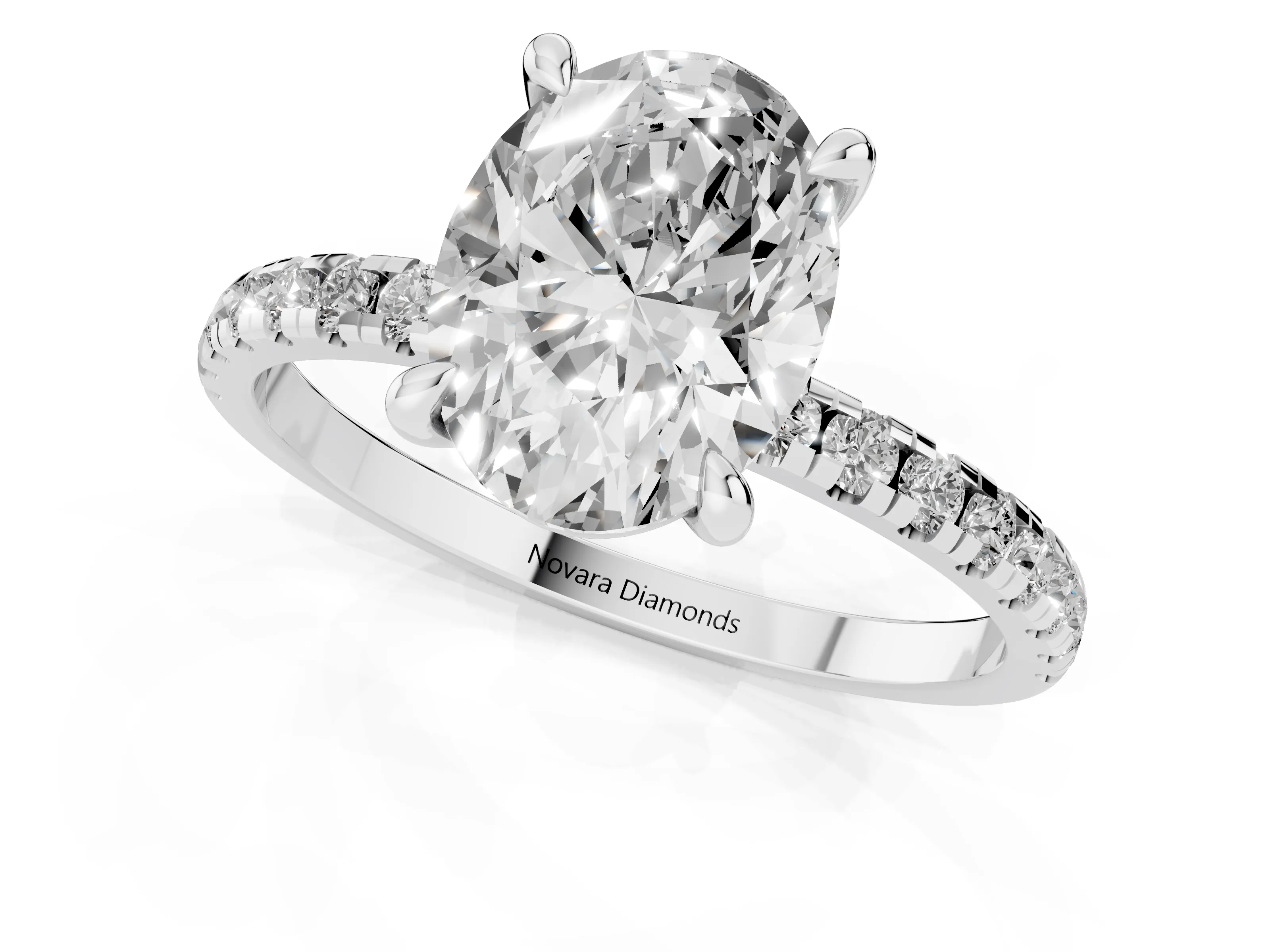 Oval Cut Diamond Brilliant Solitaire Ring Set in White gold with Pavé Band and Prong Setting