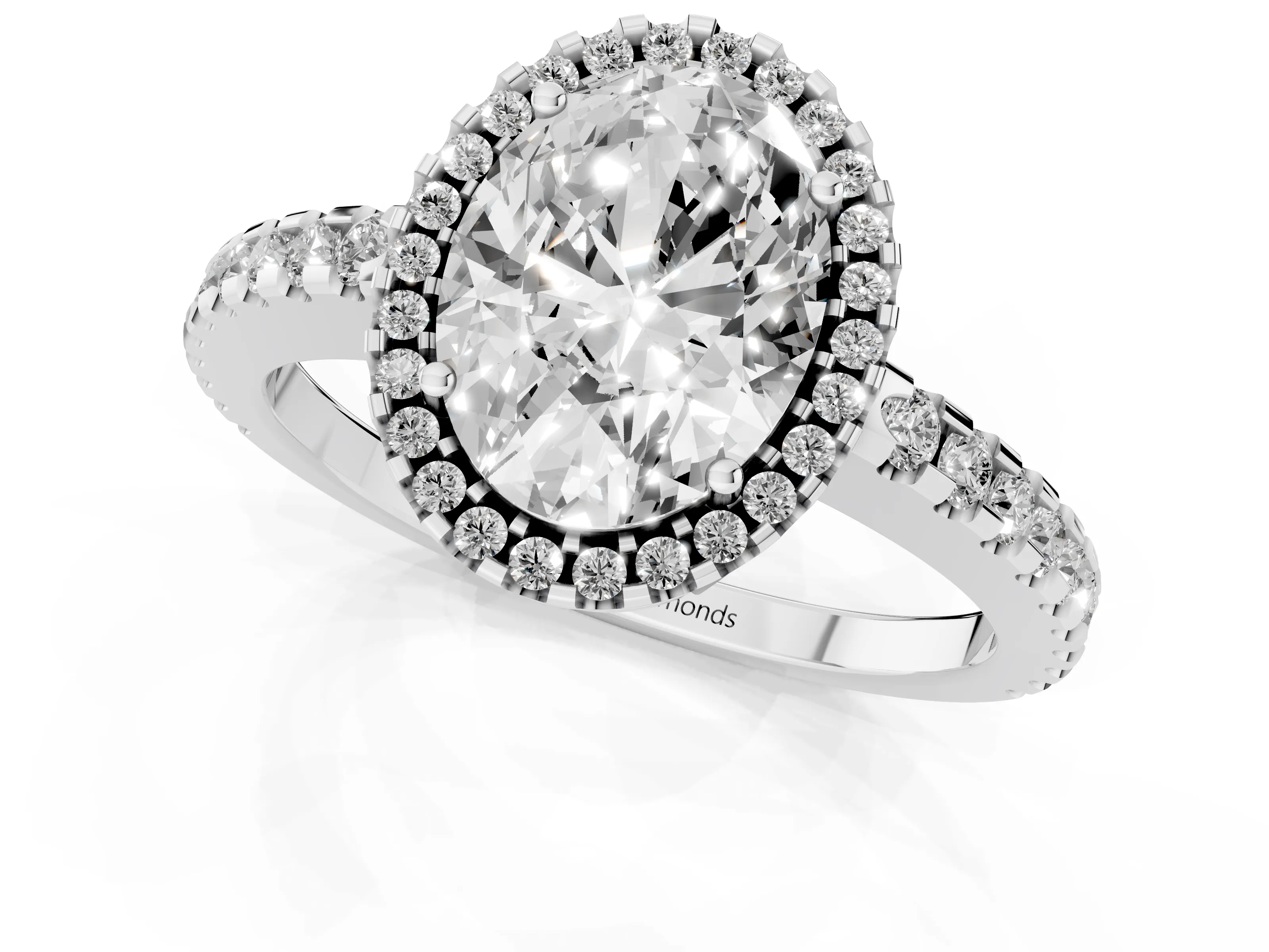Oval Cut Diamond Halo Ring Set in Platinum with Pavé Shoulders and Halo-Framed Center