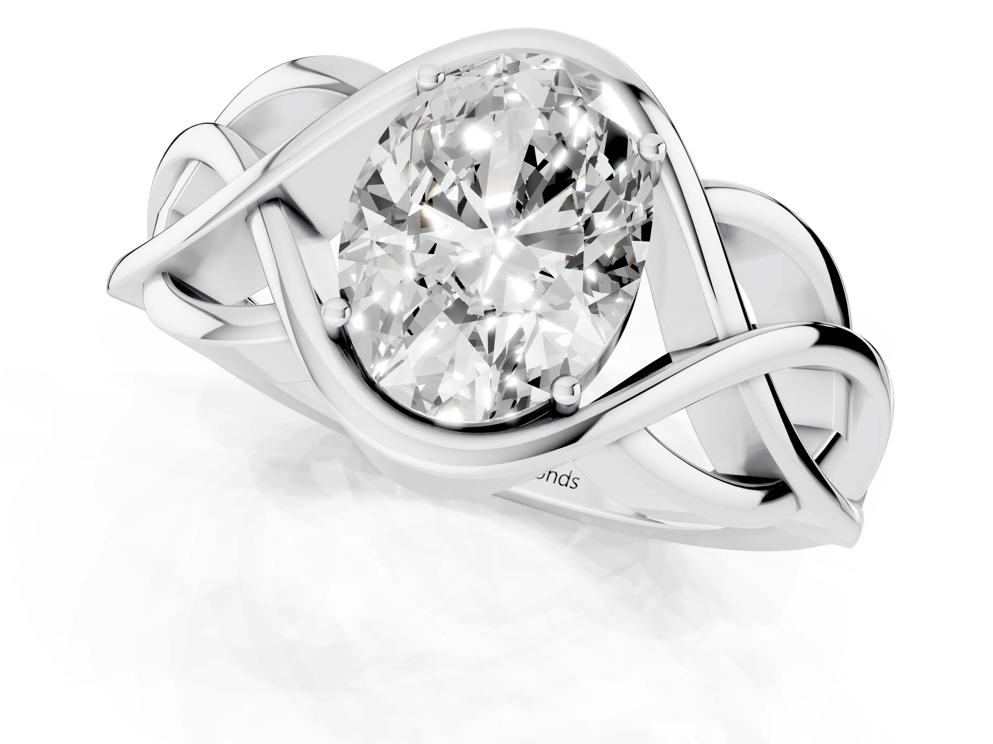 Oval Cut Diamond Solitaire Ring Set in Silver with Intertwined Band