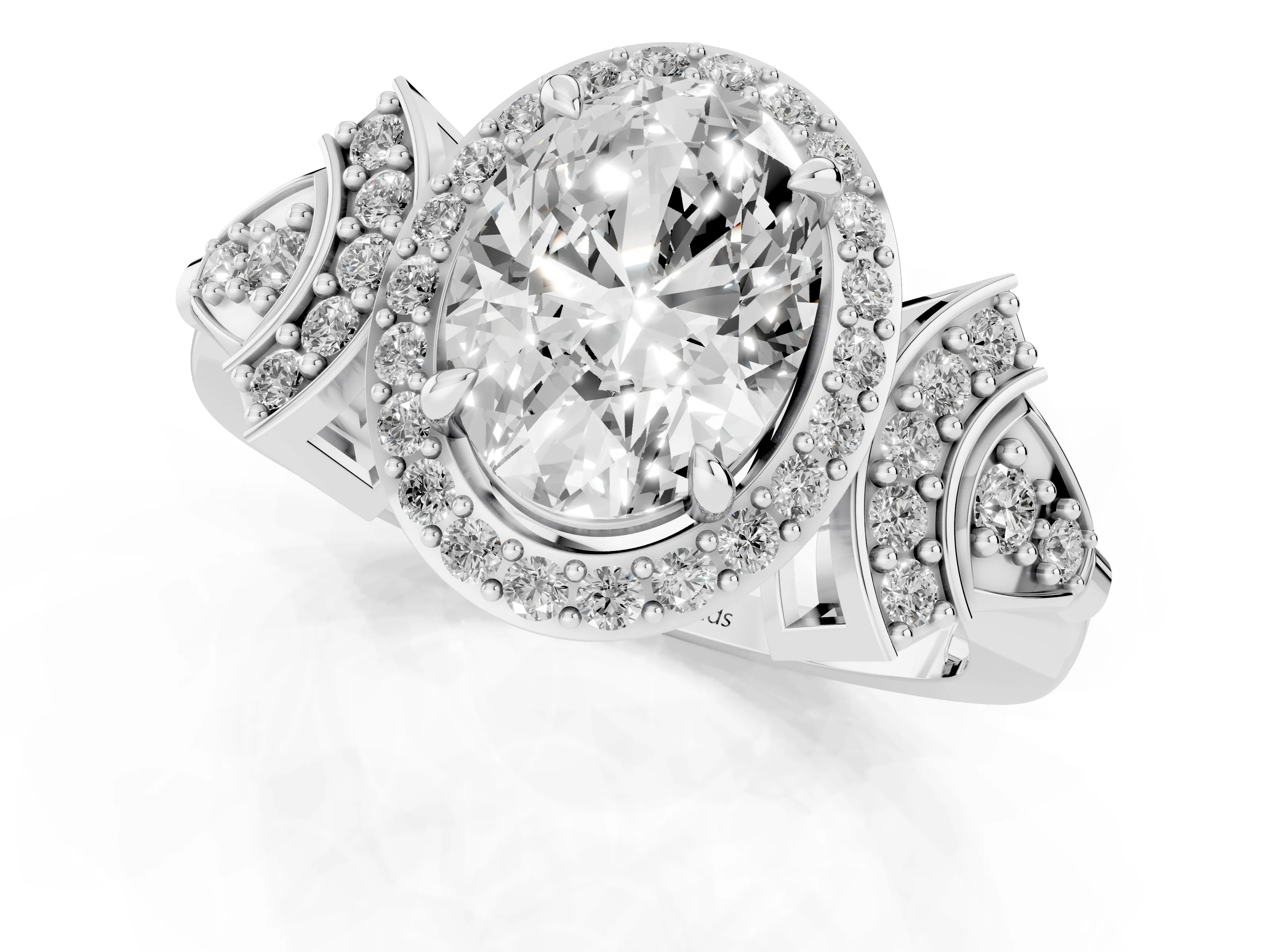 Oval Cut Diamond Halo Engagement Ring Set in Silver with Accent Stone Split Shank