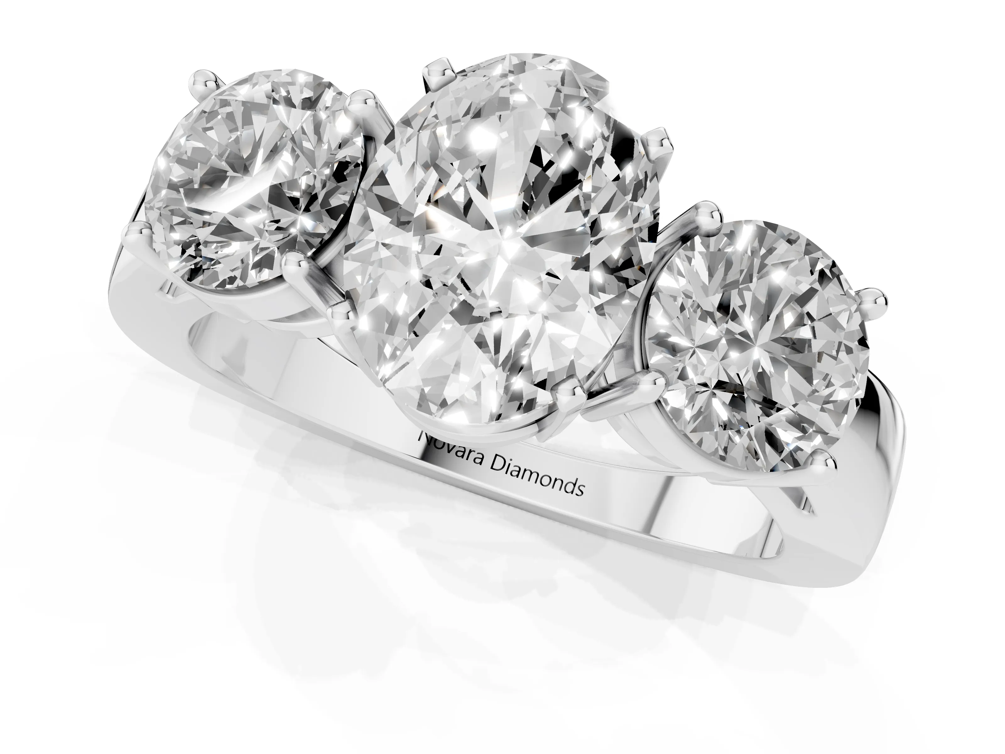 Oval Cut Diamond Three-Stone Ring Set in White gold with Round Side Stones and Classic Band – second view