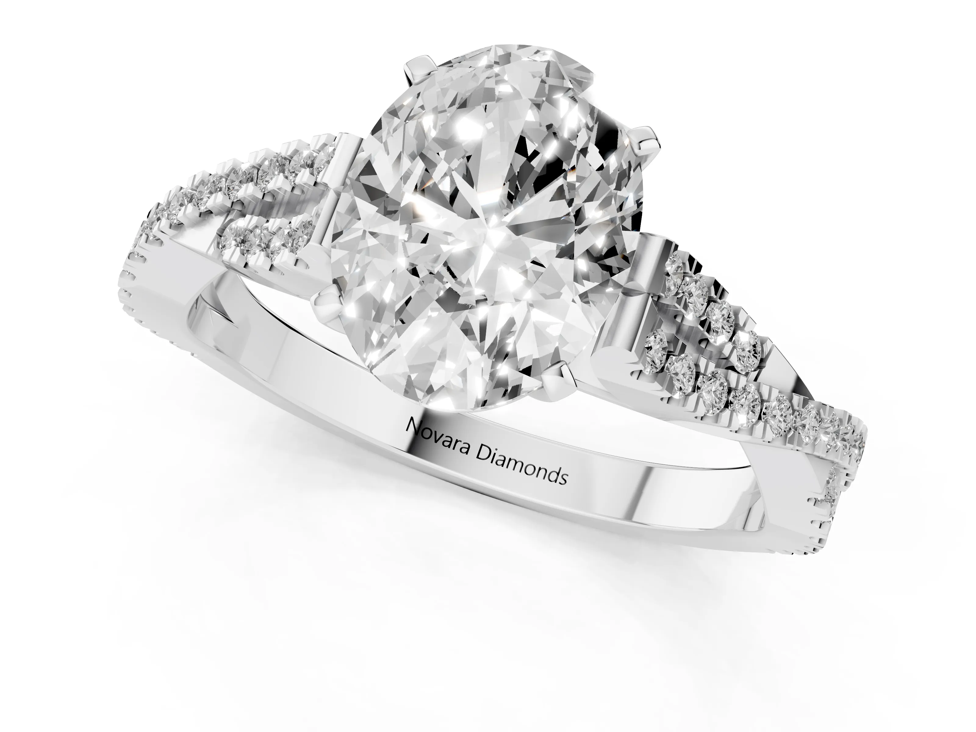 Oval Cut Diamond Solitaire Engagement Ring Set in White gold with Twisted Pavé Band and Prong Setting