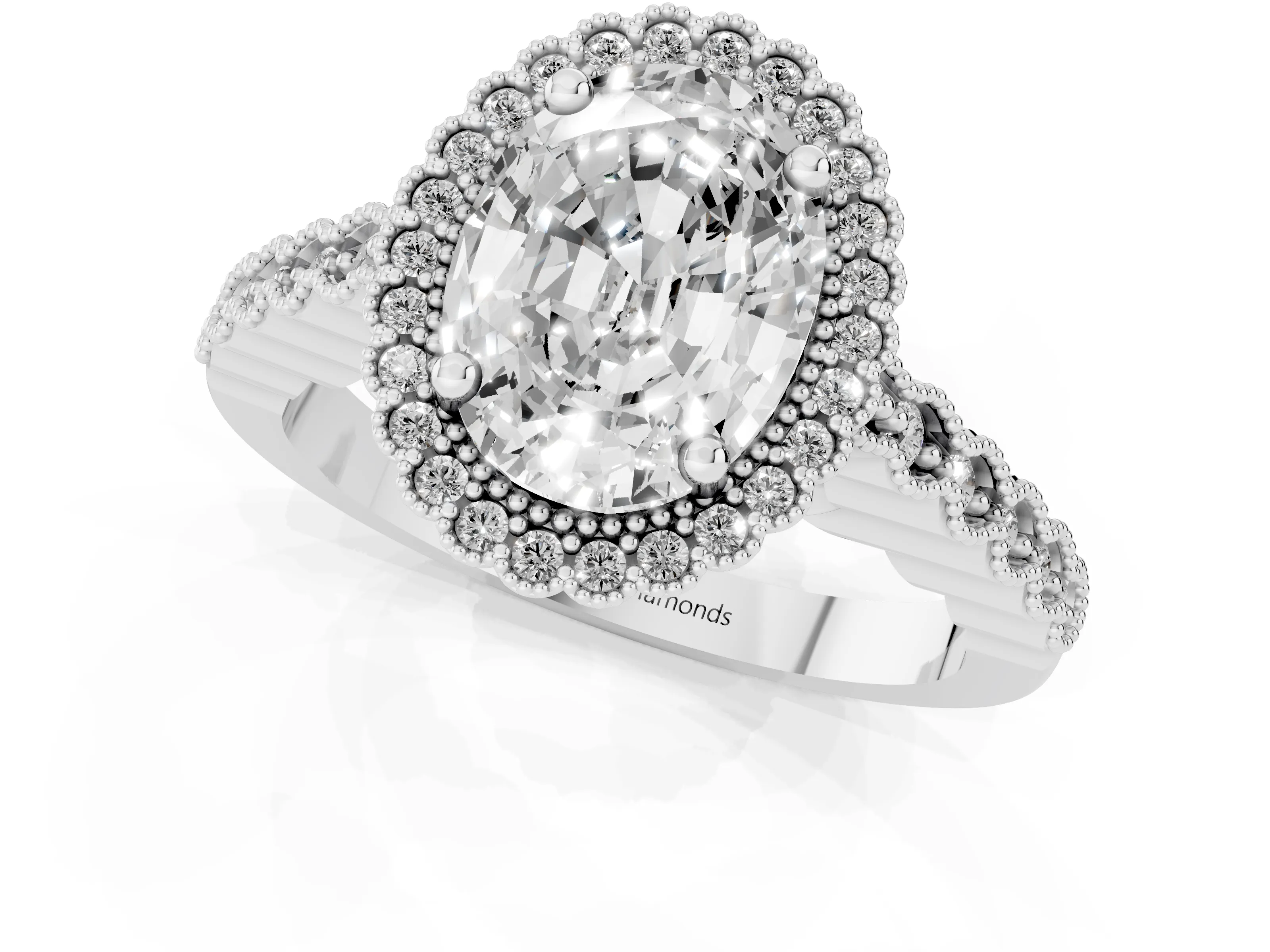 Oval Cut Diamond Halo Ring Set in Platinum with Pavé Milgrain Band