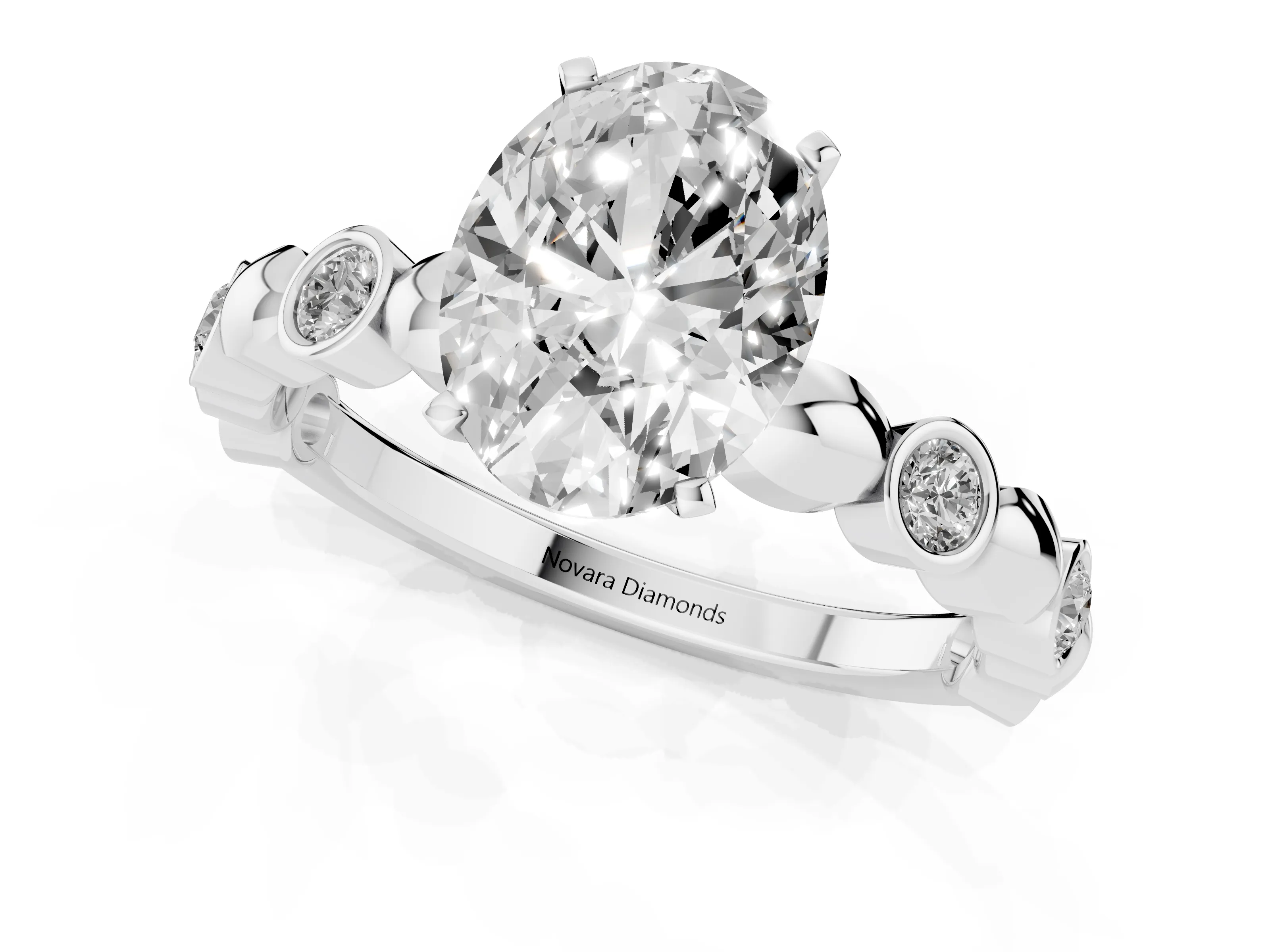Oval Cut Diamond Solitaire Ring Set in White gold with Bezel-Set Accents on Beaded Band and Prong Setting