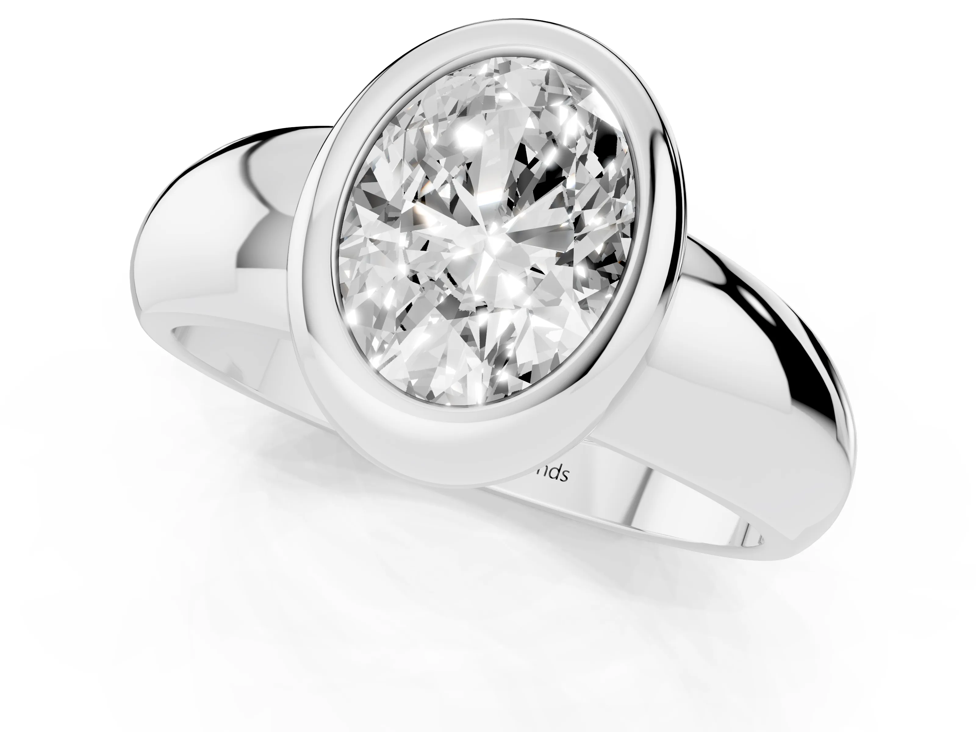 Bezel Set Oval Cut Diamond Solitaire Ring Set in Platinum with Wide Band