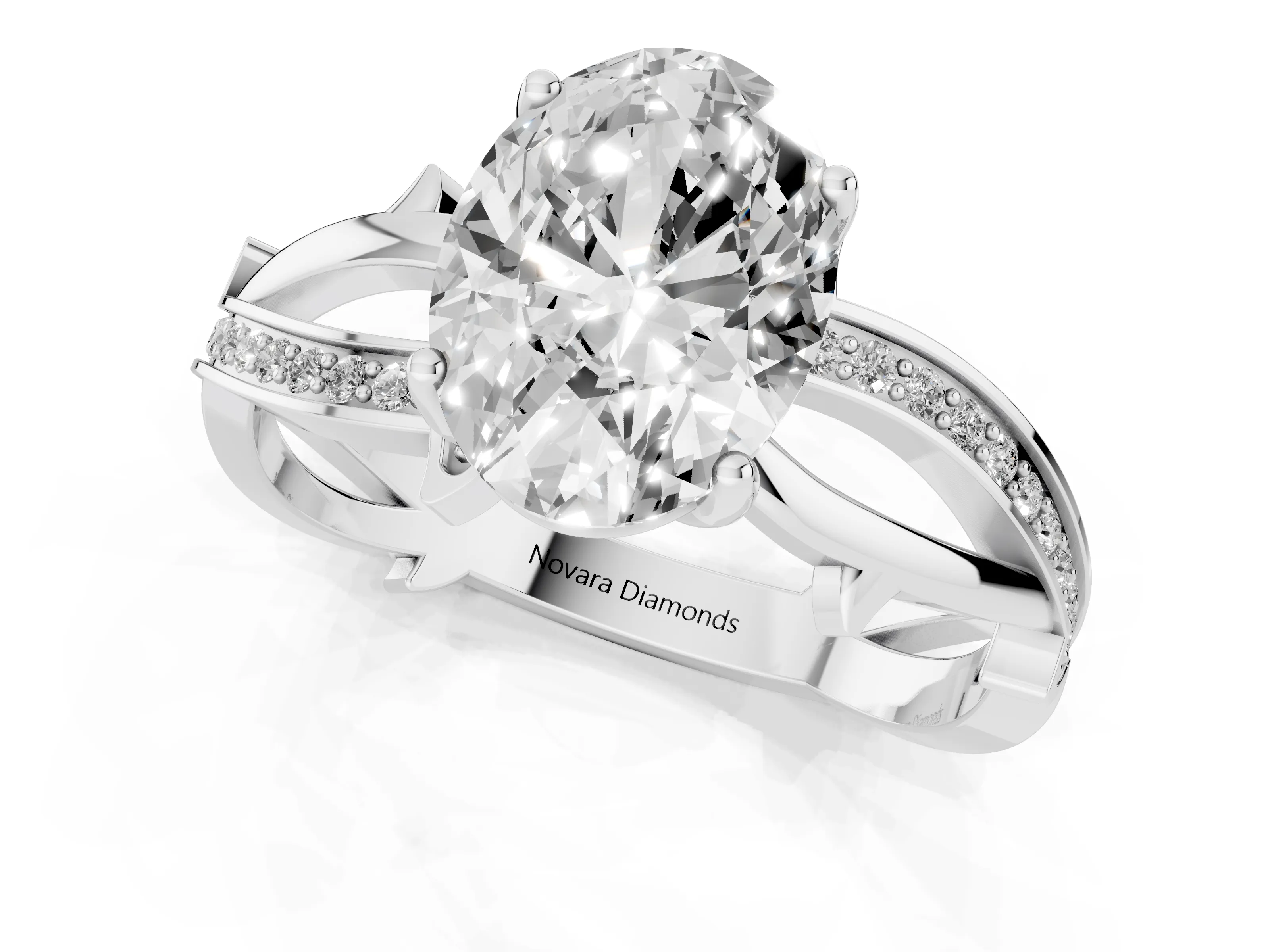 Oval Cut Diamond Pavé Twist Band Solitaire Ring Set in Silver with Prong Setting