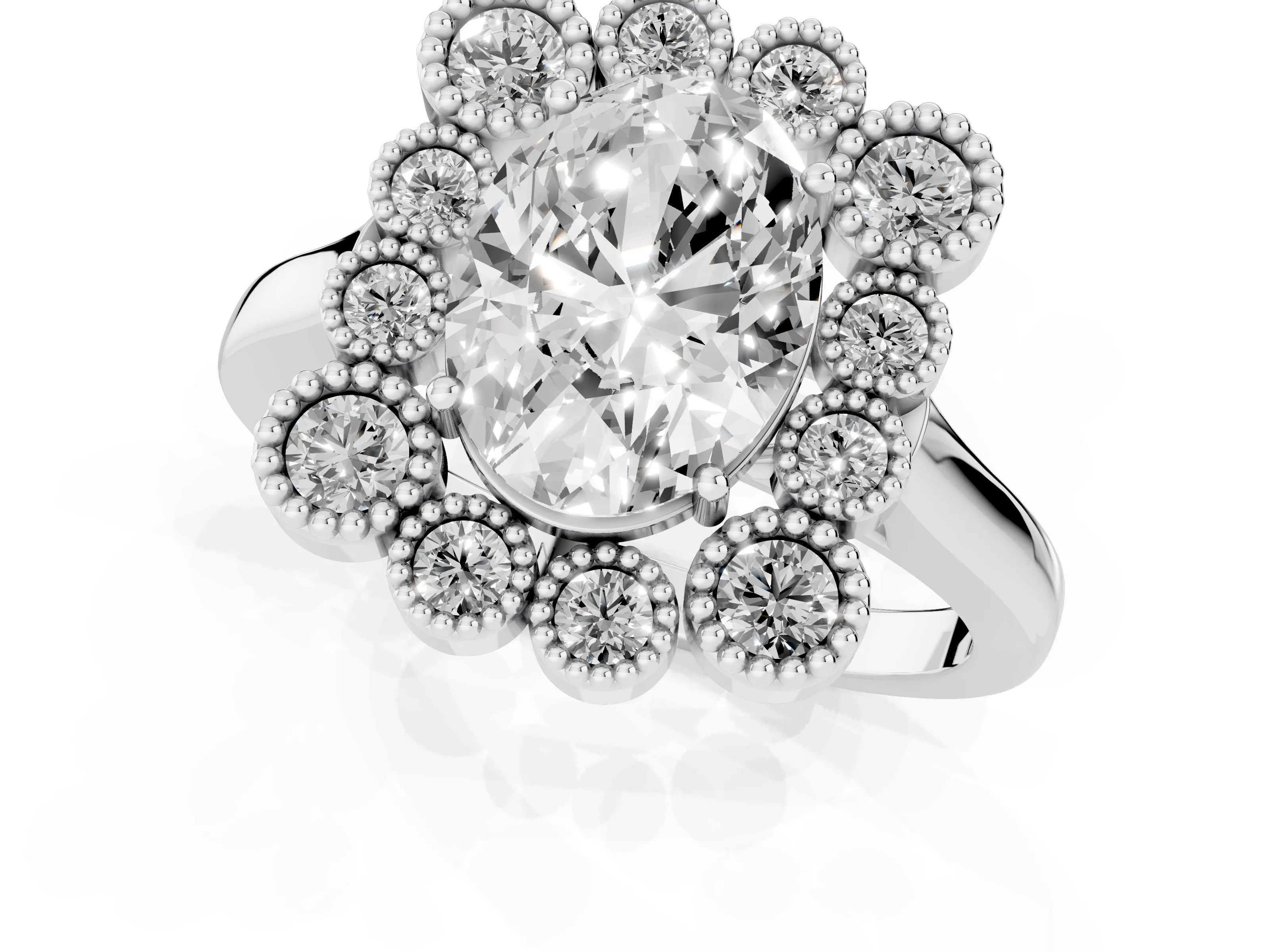 Oval Cut Diamond Cluster Halo Ring Set in White gold with Milgrain Bezel Accents and Plain Band