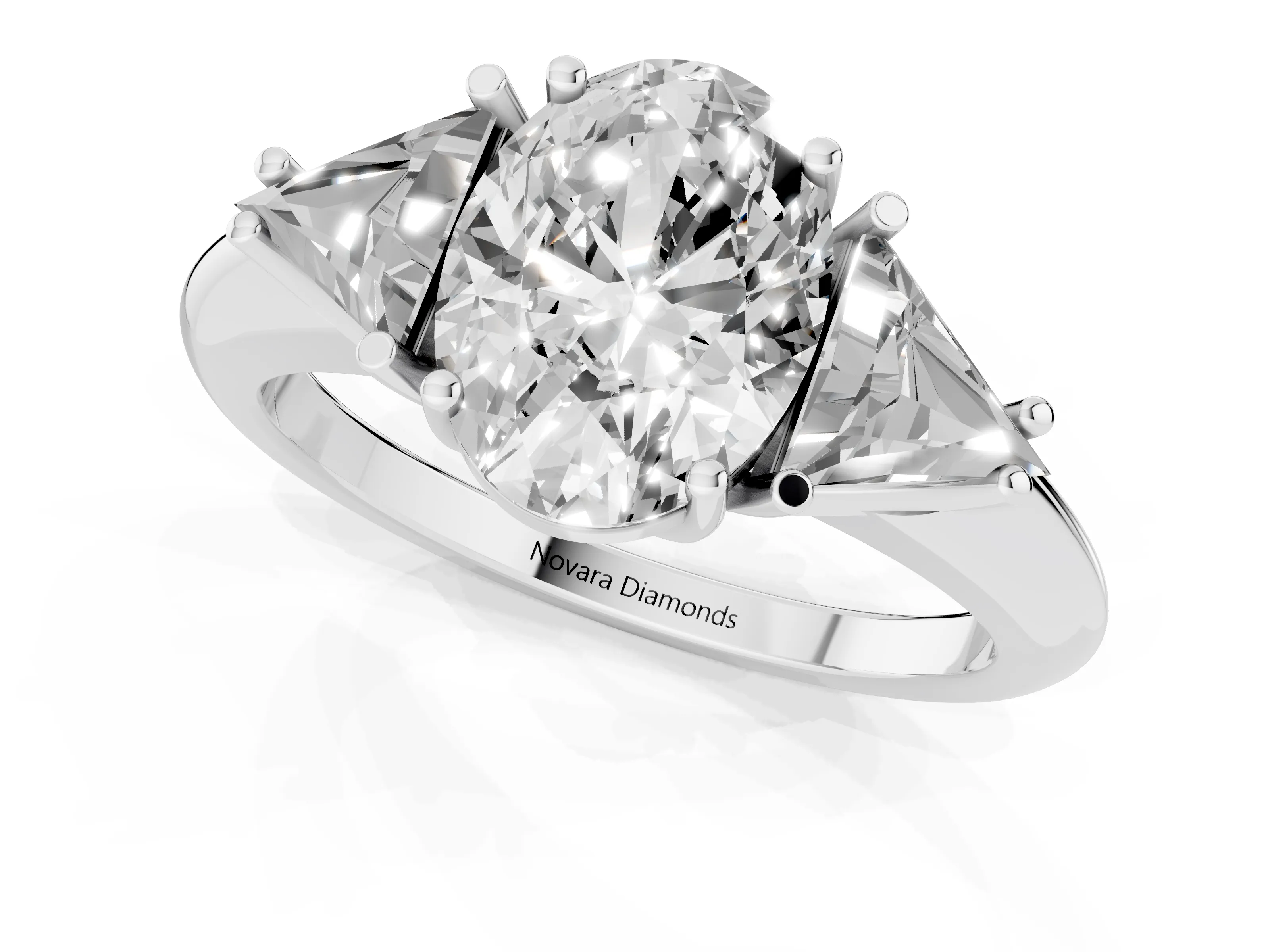 Oval Cut Diamond Three-Stone Engagement Ring Set in Silver with Trillion Side Stones