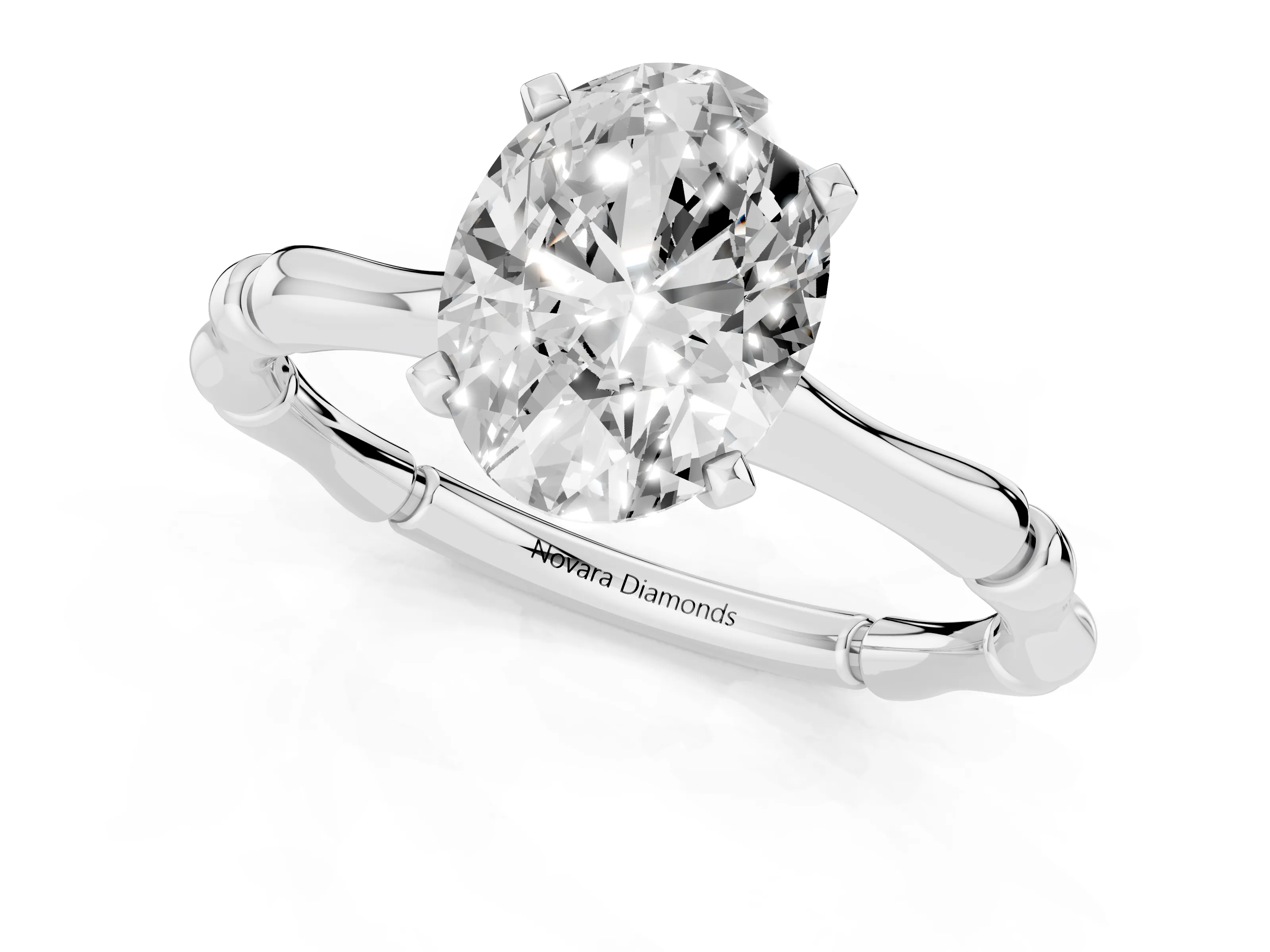 Oval Cut Diamond Solitaire Ring Set in Silver with Bamboo Band and Prong Setting