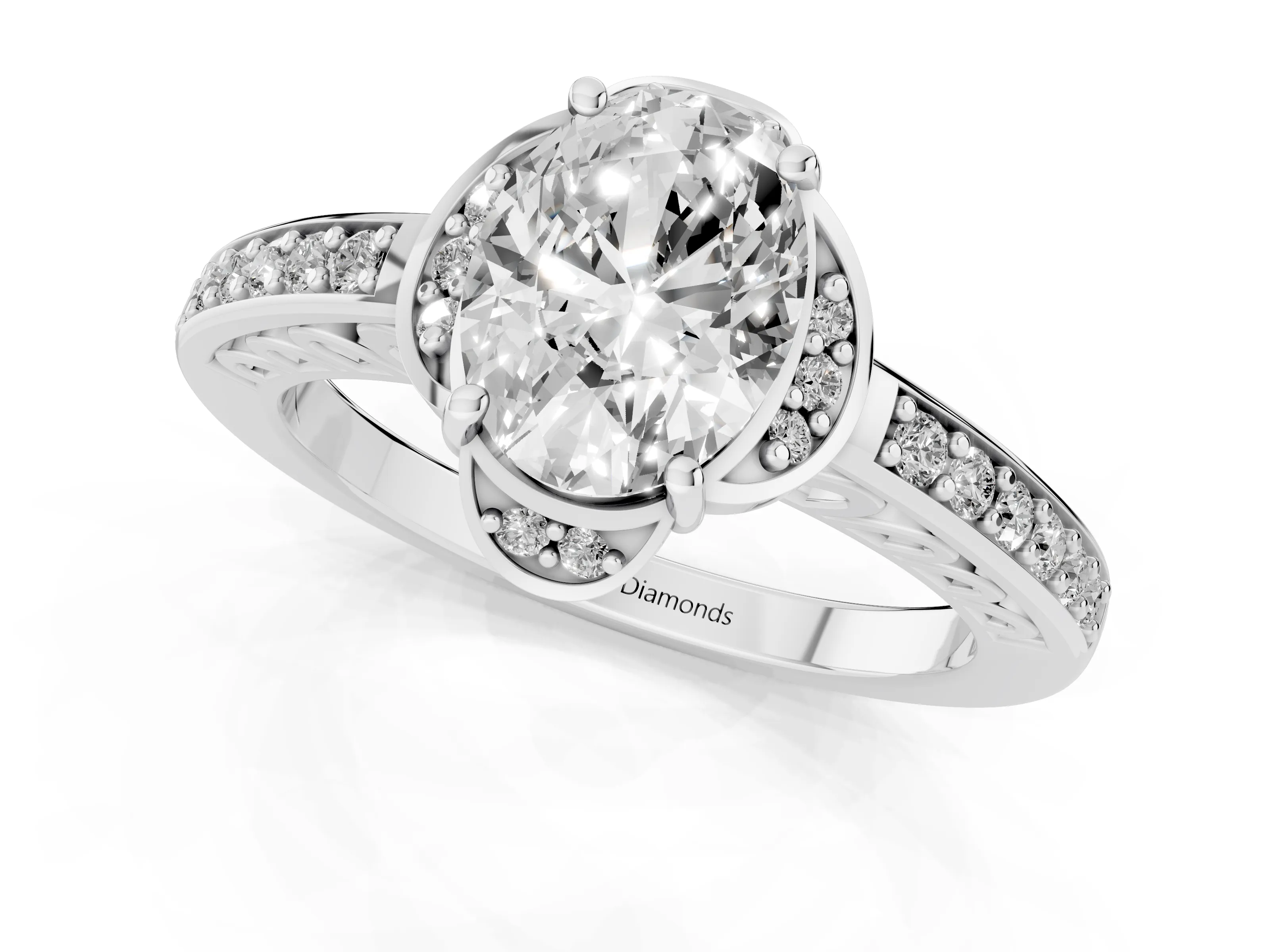 Oval Cut Diamond Halo Ring Set in Platinum with Channel Set Band and Prong Setting