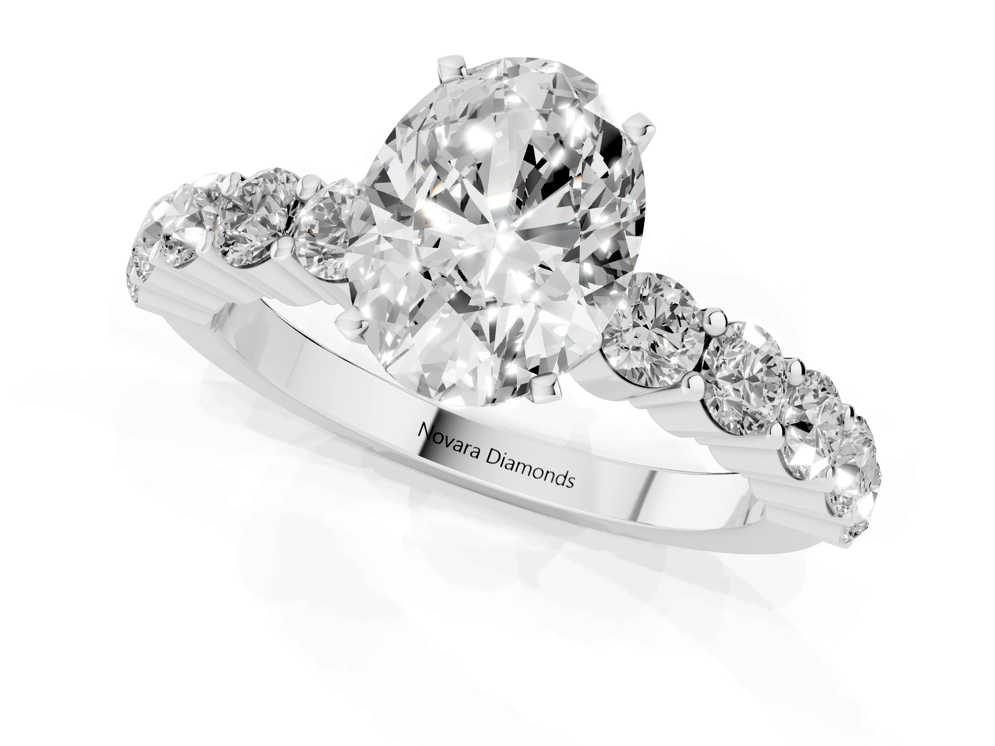 Oval Cut Diamond Solitaire Ring Set in Platinum with Shared Prong Round Side Stones