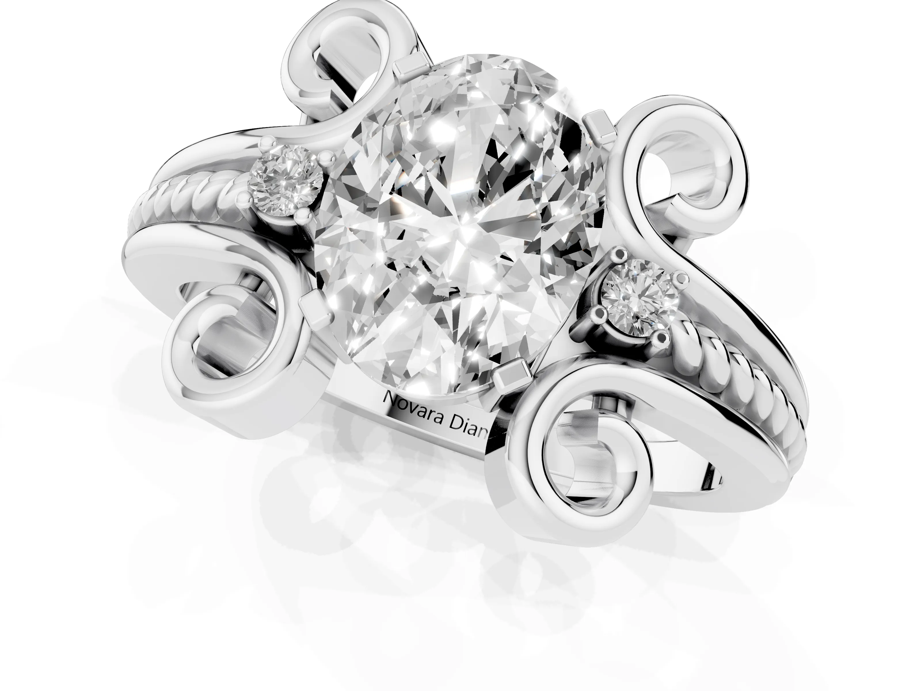 Oval Cut Diamond Twisted Band Solitaire Ring Set in Platinum with Scroll Prongs