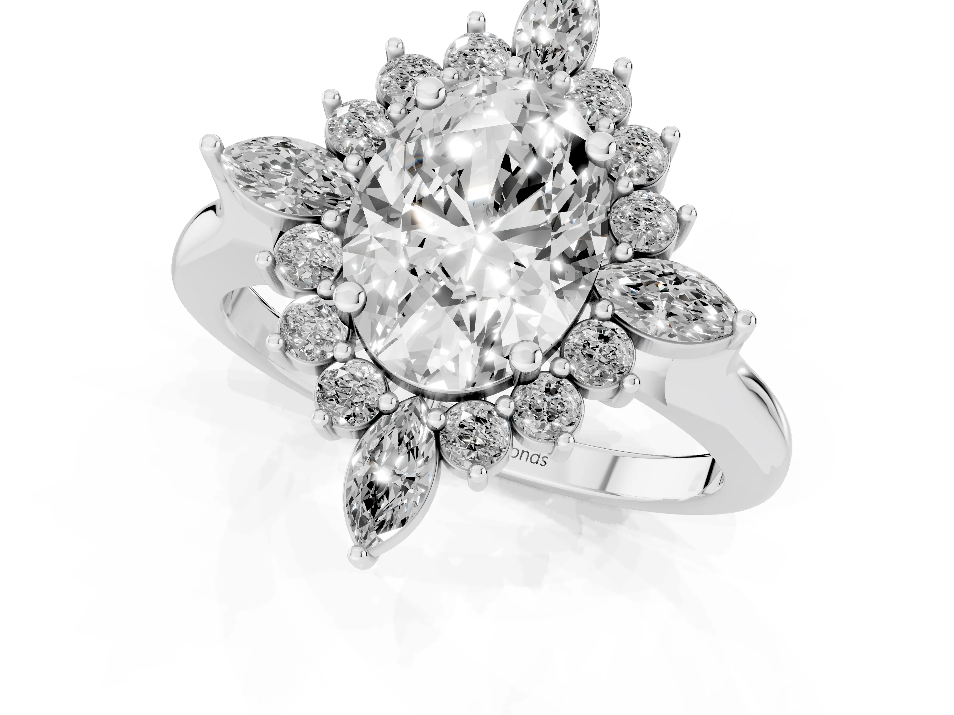 Oval Cut Diamond Cluster Halo Ring Set in Platinum with Marquise and Round Accents