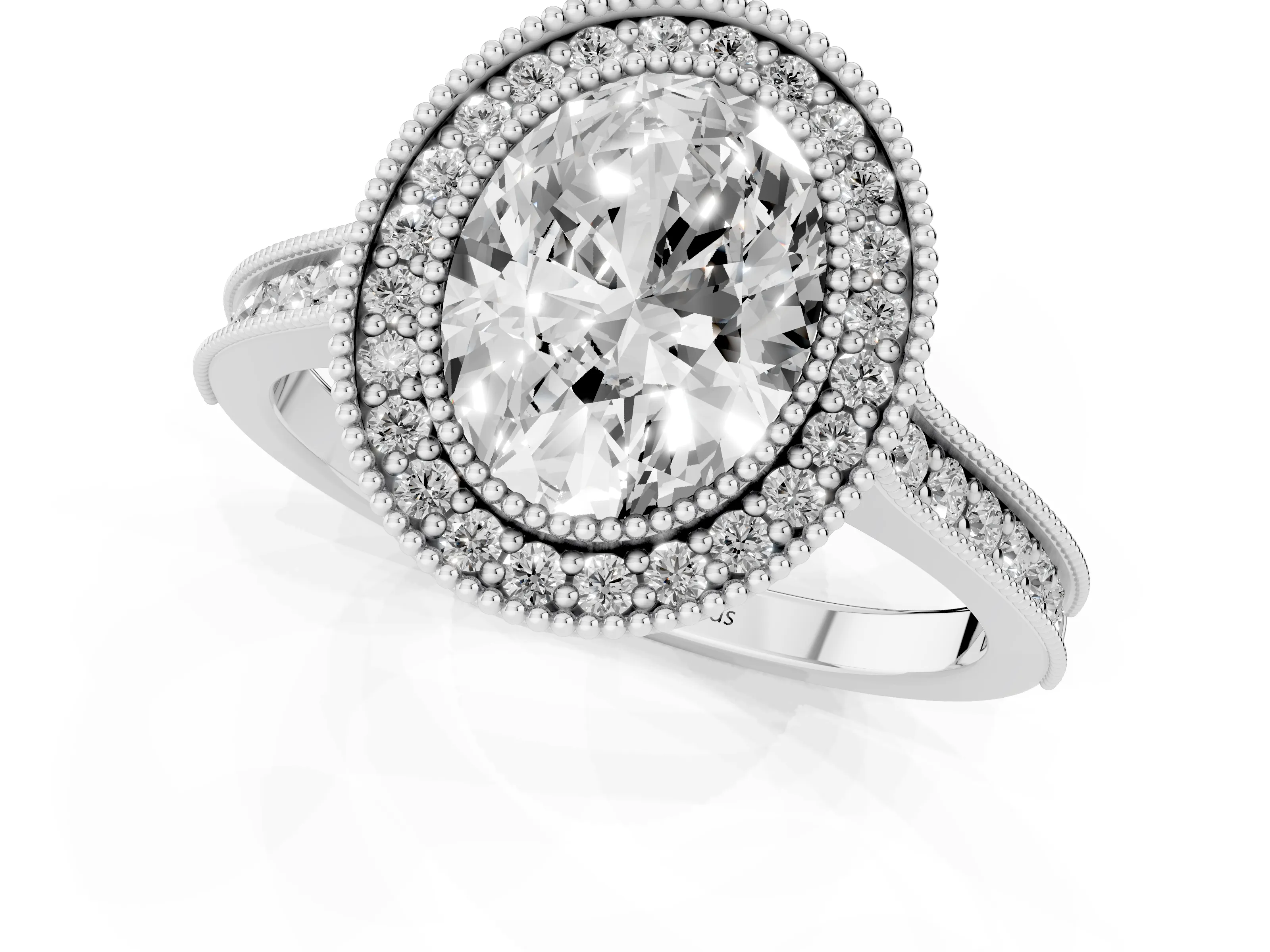 Oval Cut Diamond Halo Milgrain Pavé Band Ring Set in Silver with Prong Setting