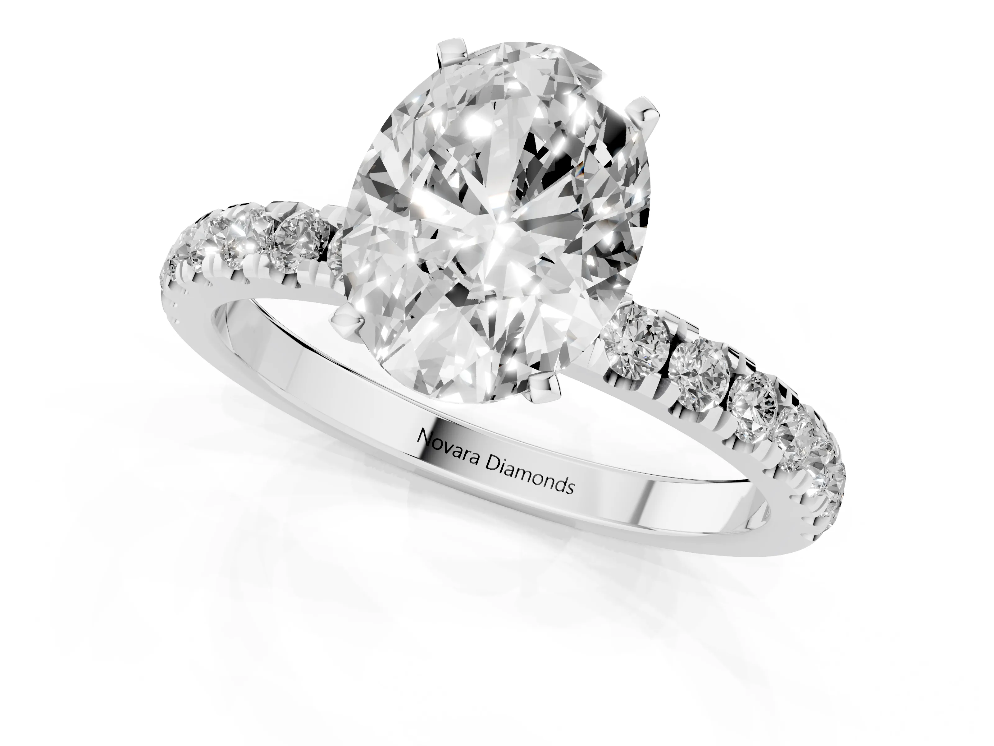 Oval Cut Diamond Solitaire Ring Set in White gold with Pavé Accents and Prong Setting