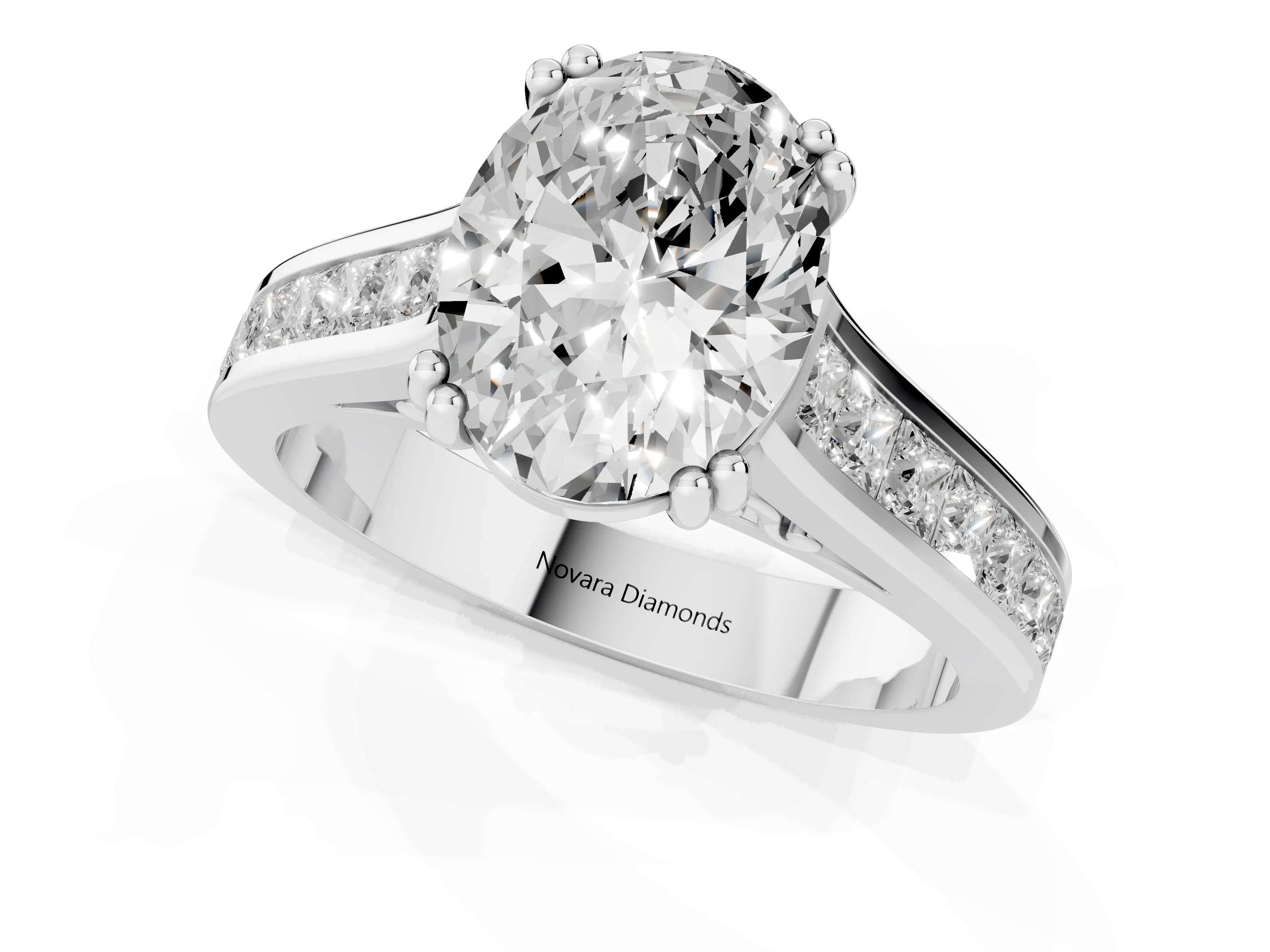 Oval Cut Diamond Channel Set Solitaire Engagement Ring Set in Silver with Prong Setting