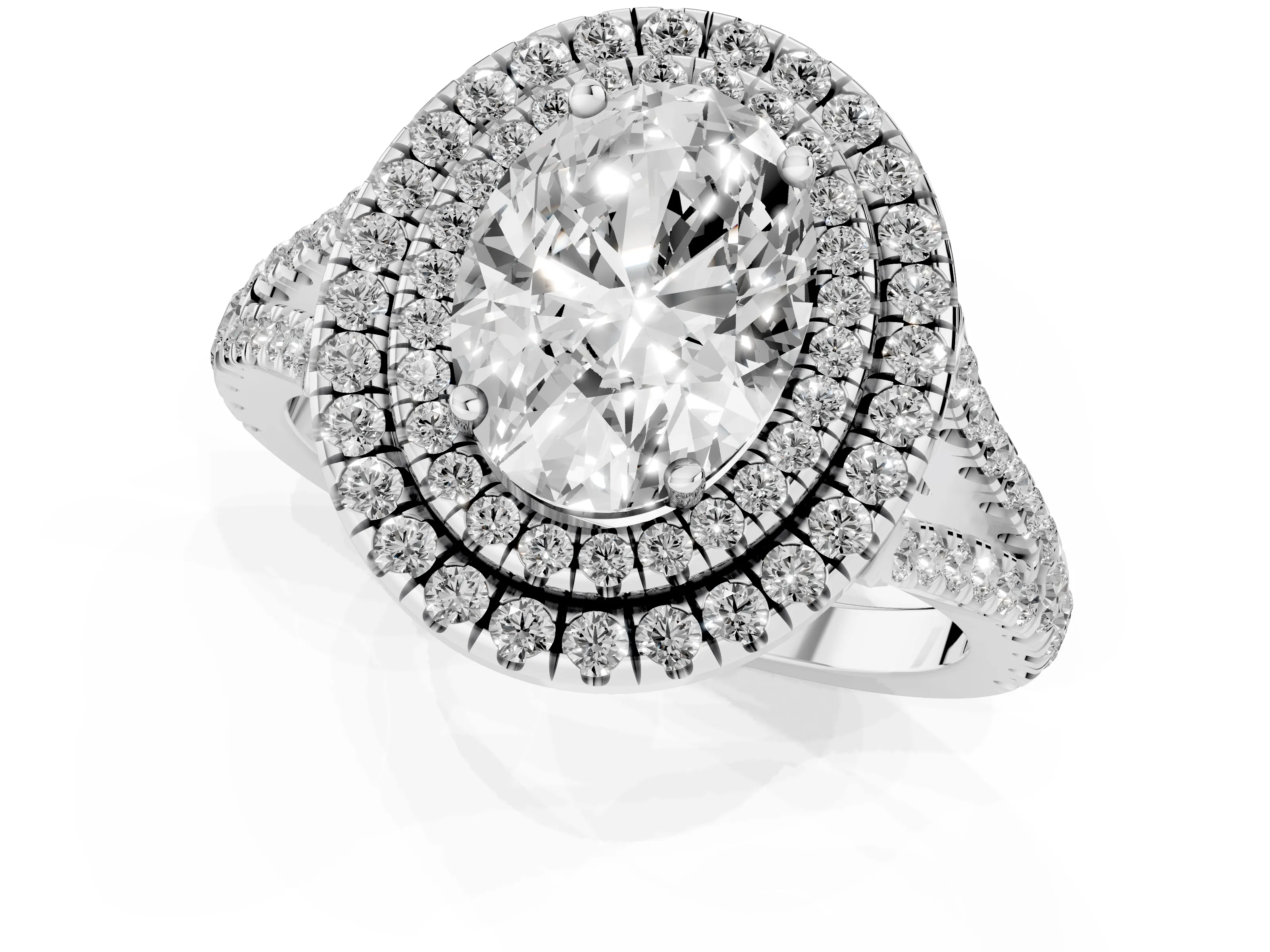 Oval Cut Diamond Double Halo Ring Set in Platinum with Pavé Band
