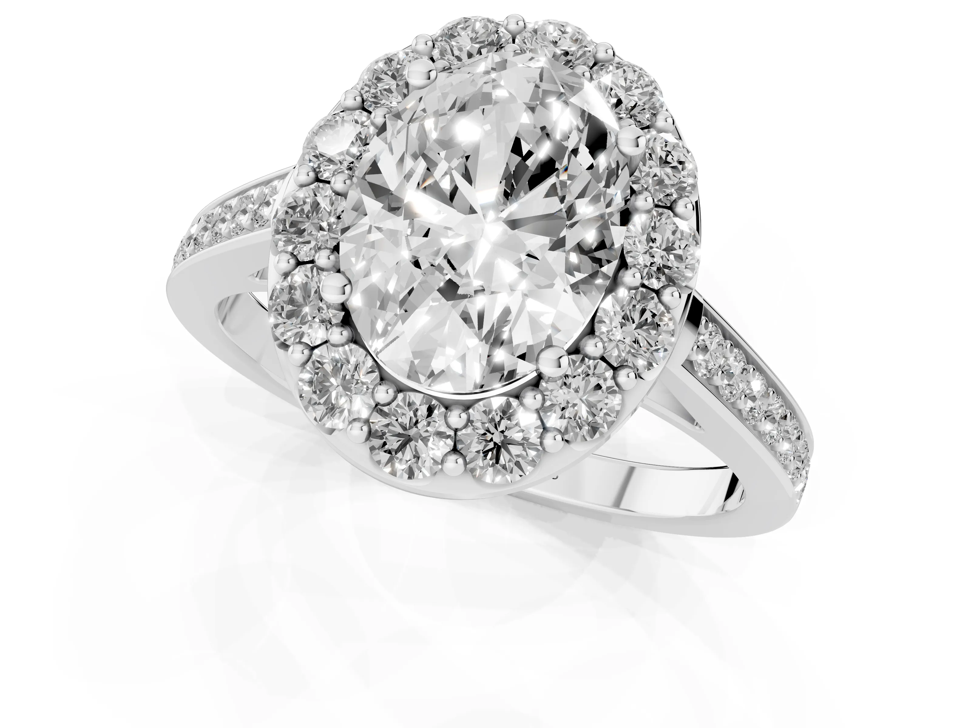 Oval Cut Diamond Floral Halo Ring Set in Platinum with Pavé Band and Prong Setting
