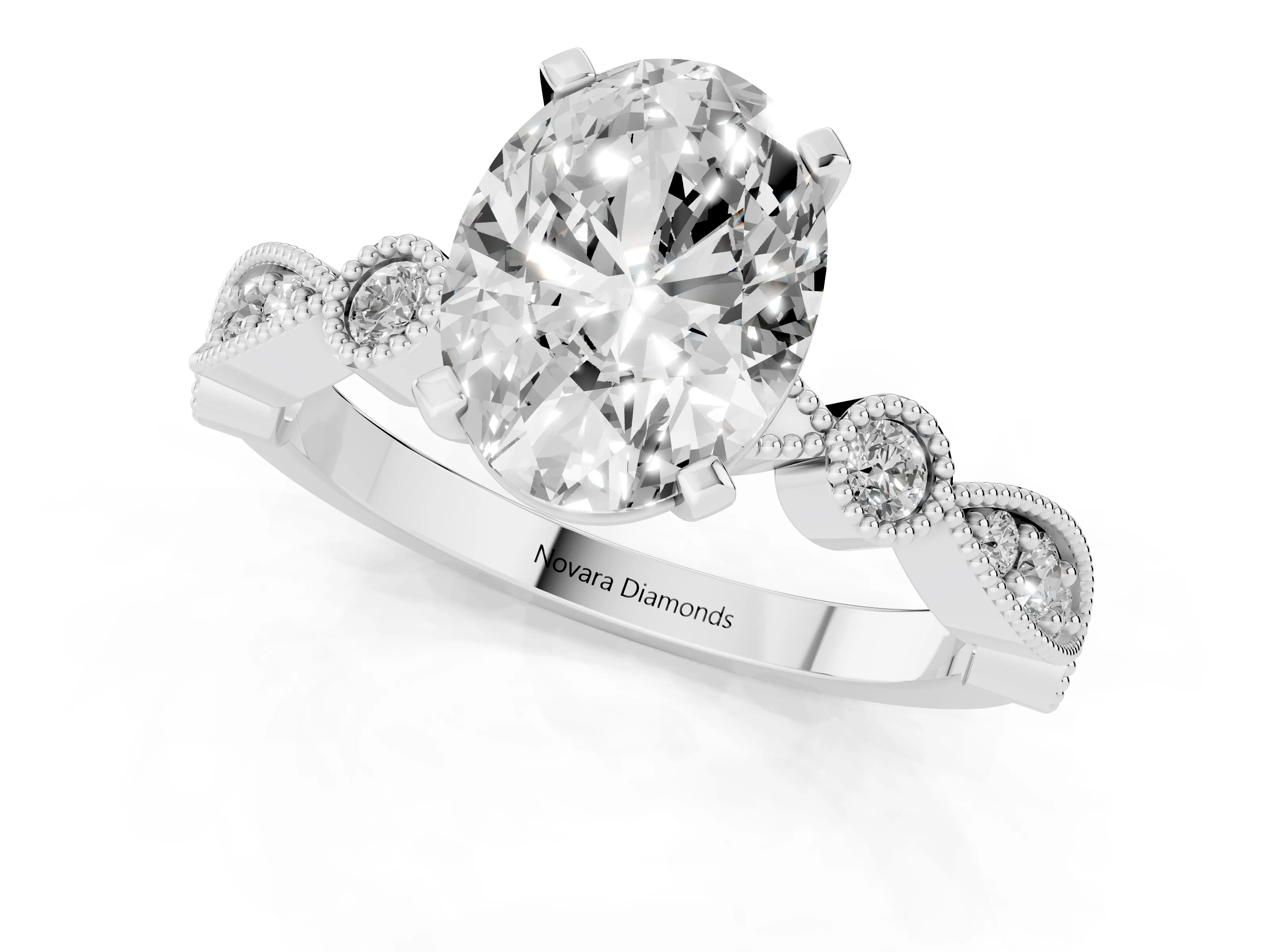 Oval Cut Diamond Solitaire Engagement Ring Set in Platinum with Milgrain Bezel Accent Band