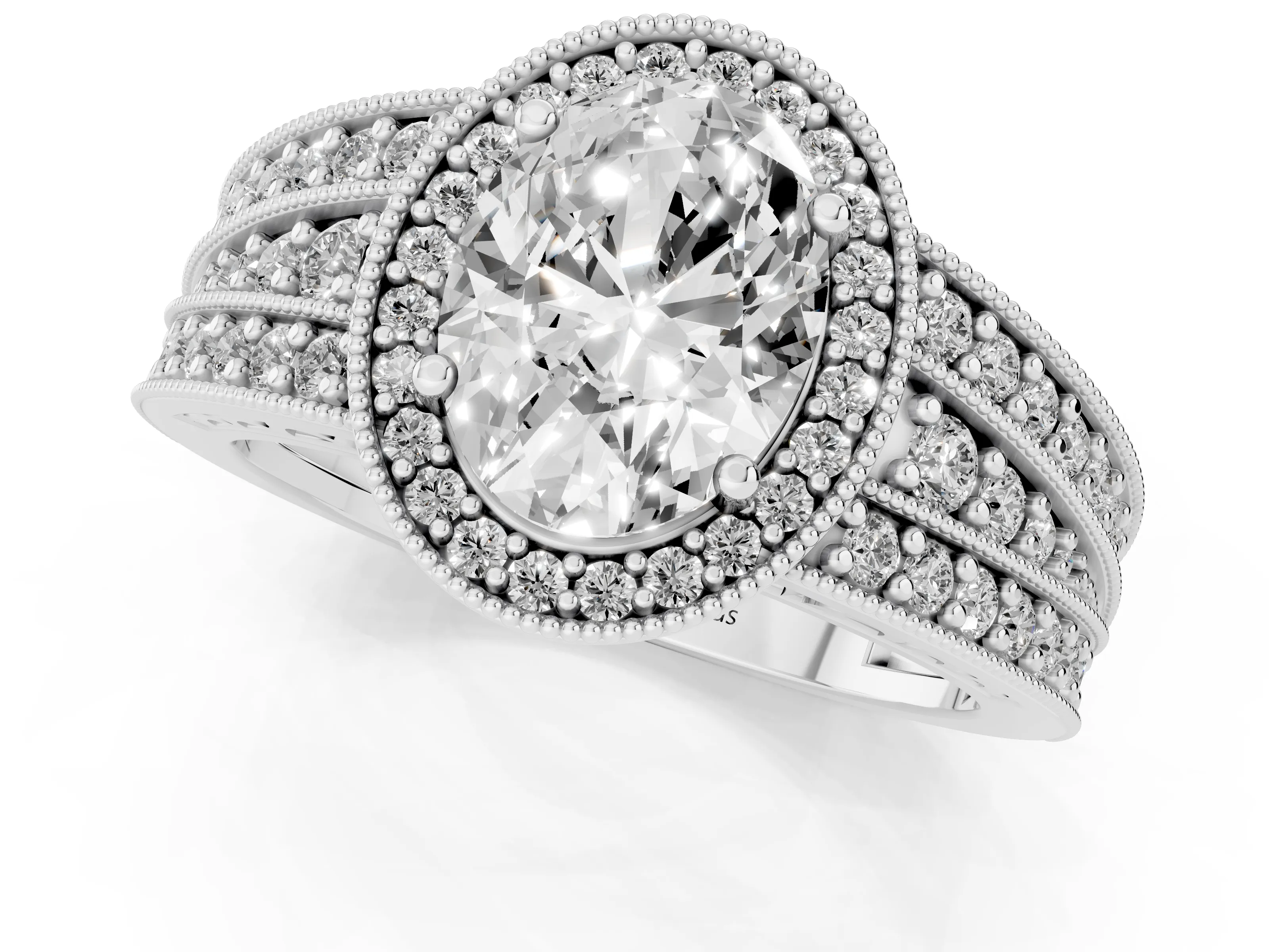 Oval Cut Diamond Halo Ring Set in Platinum with Accent Split Shank and Prong Setting