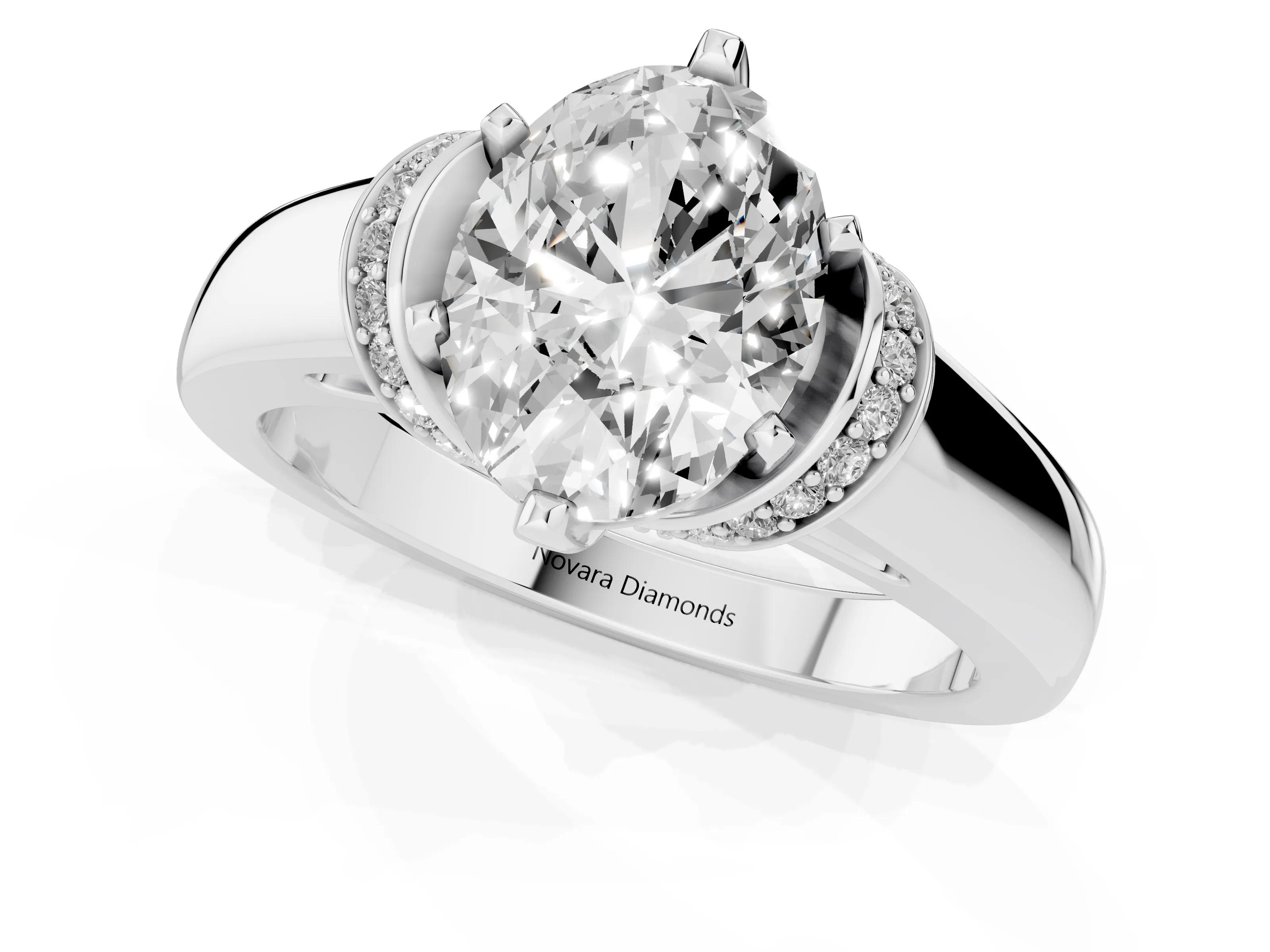 Oval Cut Diamond Pavé Band Solitaire Ring Set in Platinum with Prong Setting