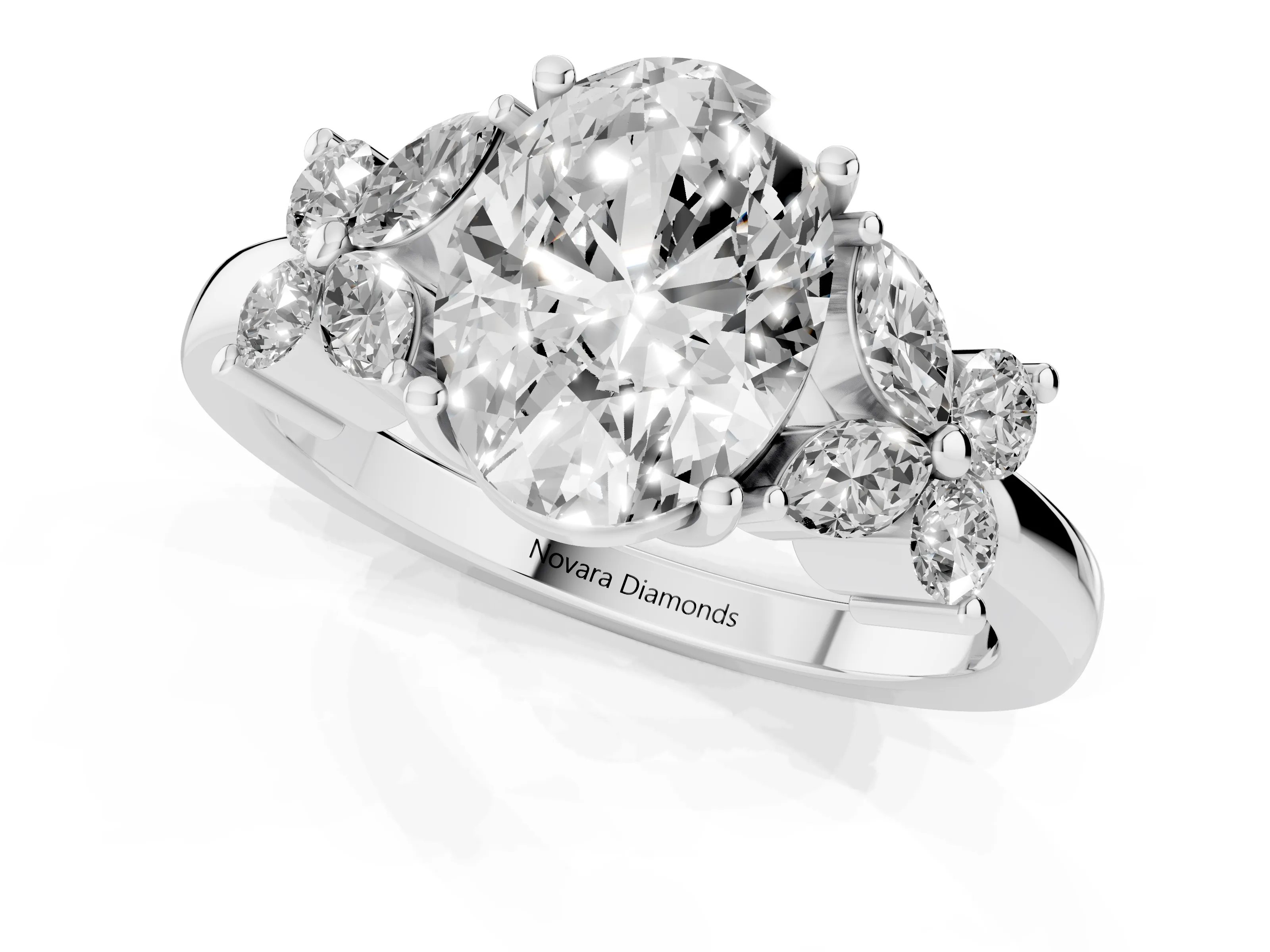 Oval Cut Diamond Floral Cluster Ring Set in Silver with Marquise Petals and Prong Setting