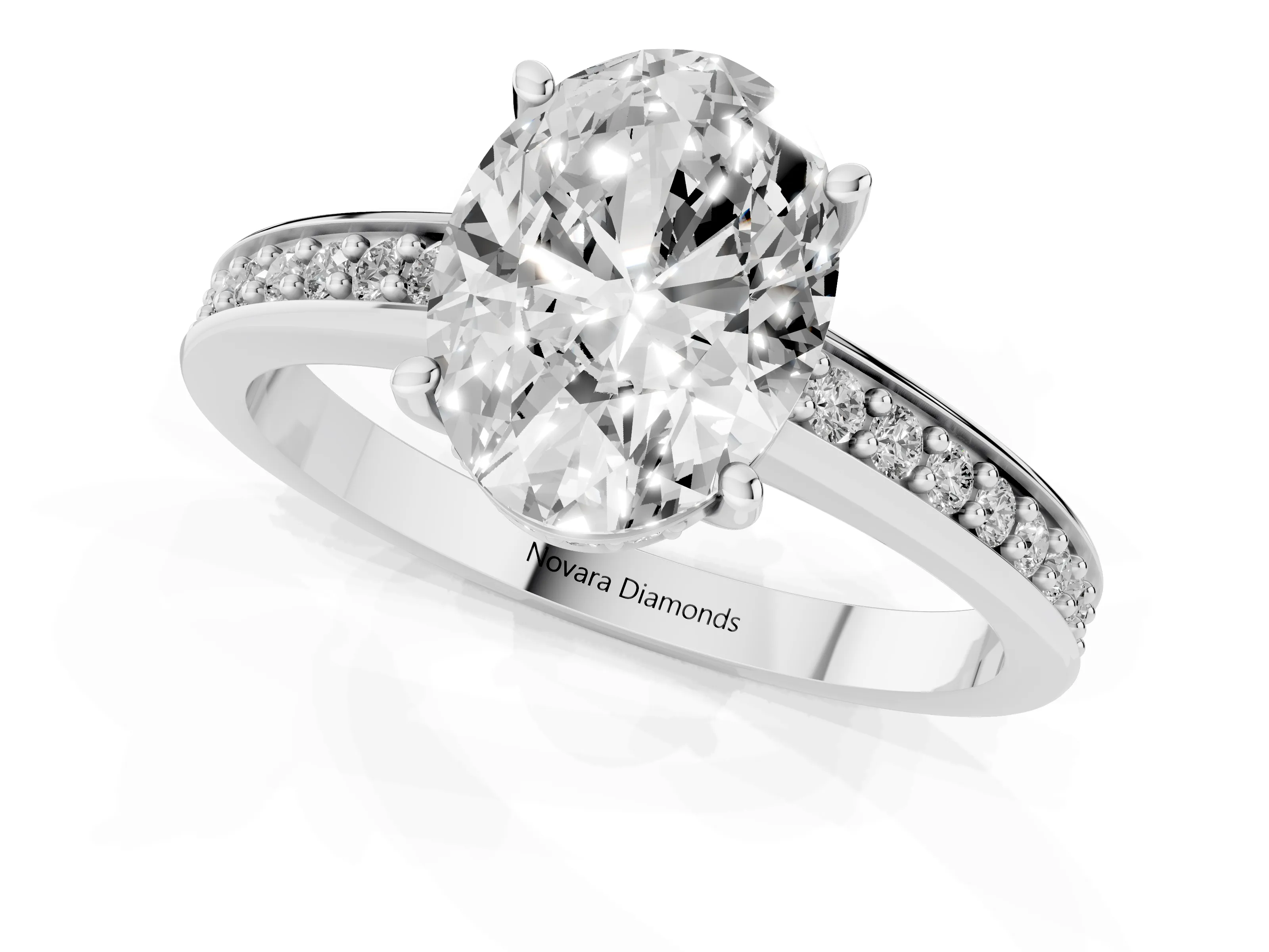 Oval Cut Diamond Pavé Band Prong Set Solitaire Ring Set in Platinum