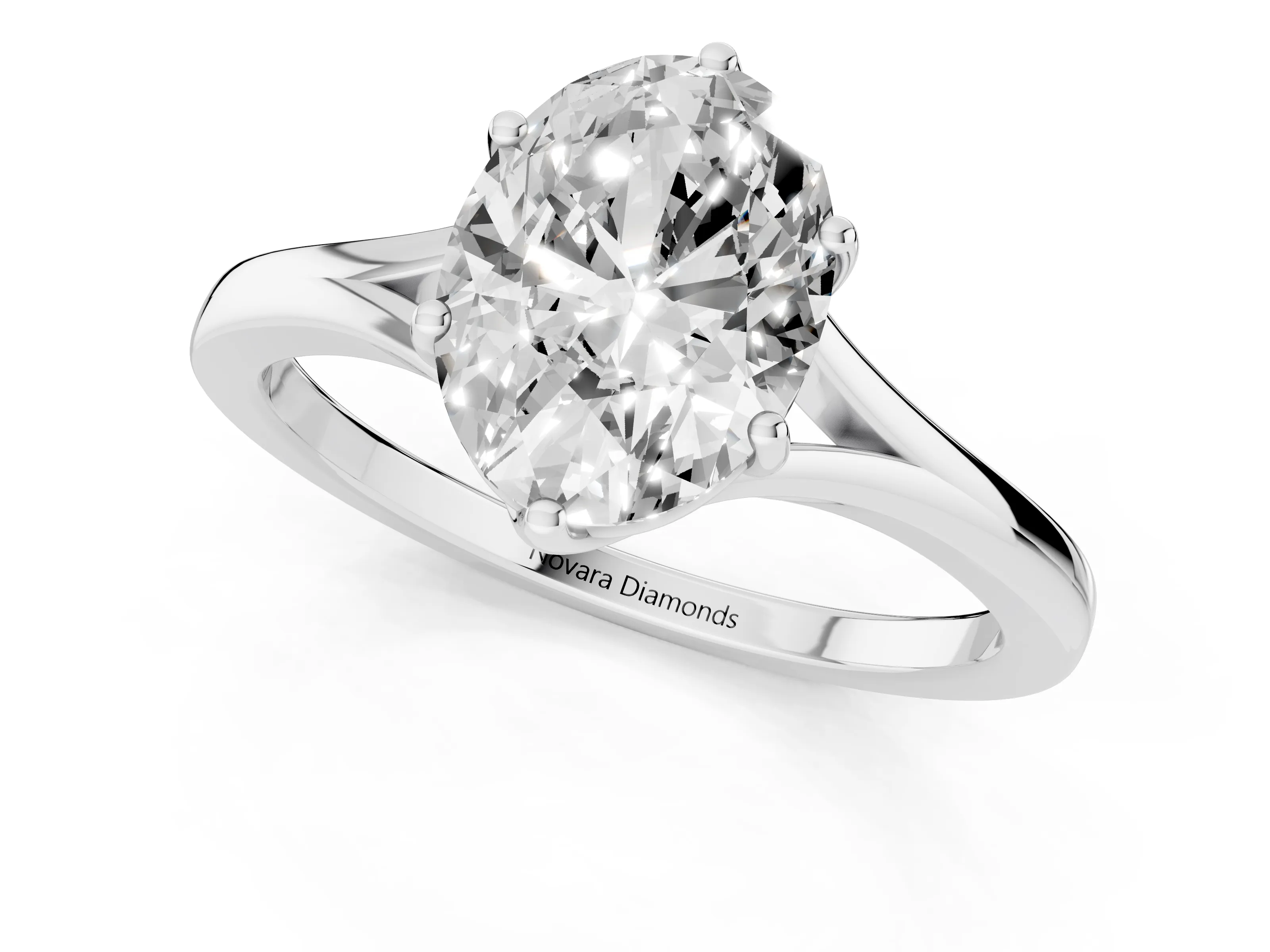 Oval Cut Diamond Solitaire Ring Set in Platinum with Polished Tapered Band and Prong Setting