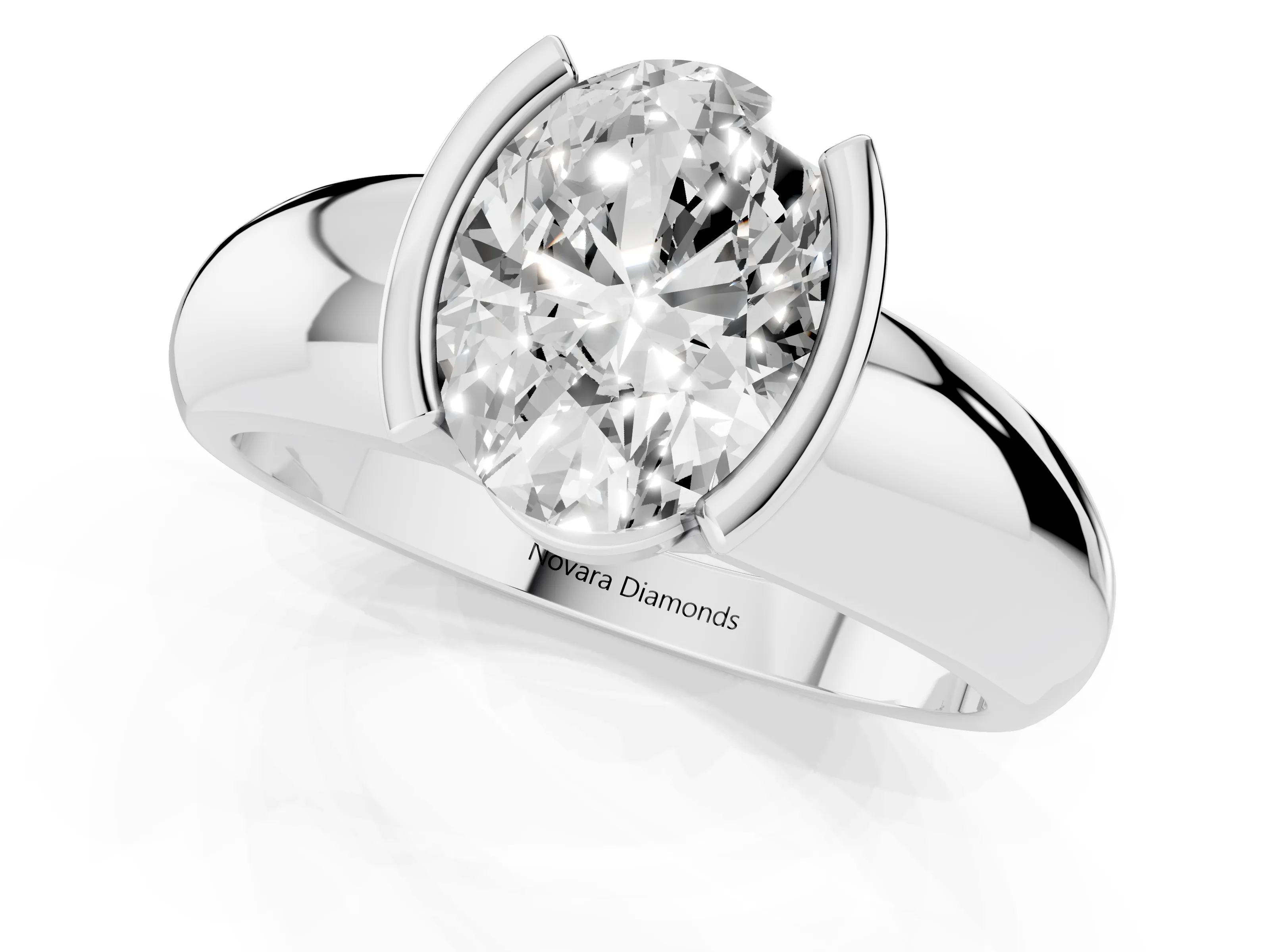 Oval Cut Diamond Solitaire Tension Set Ring Set in Platinum with Wide Band