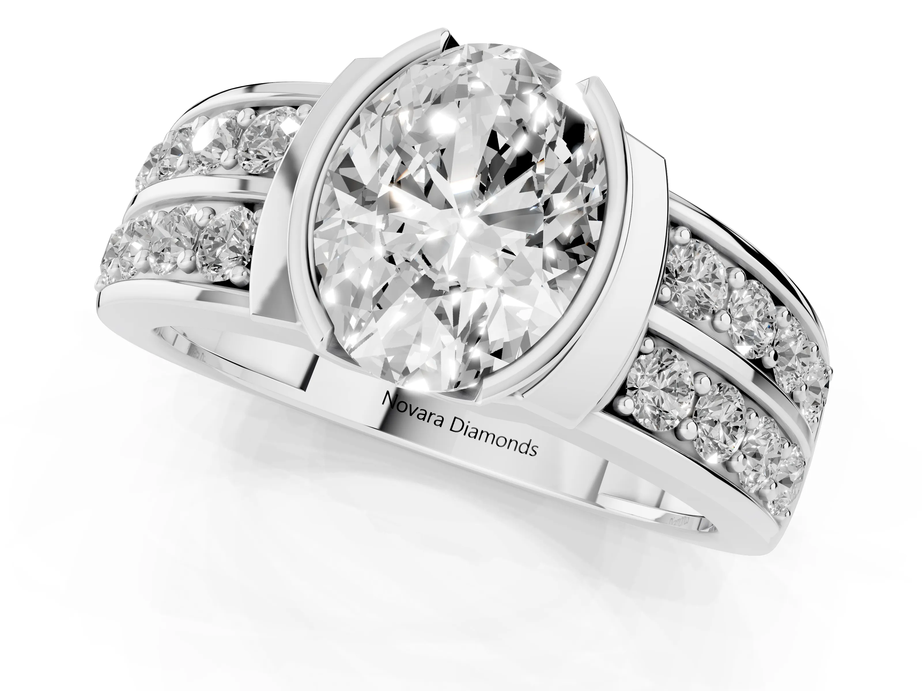 Oval Cut Diamond Wide Channel Set Band Ring Set in White gold with Bezel Setting