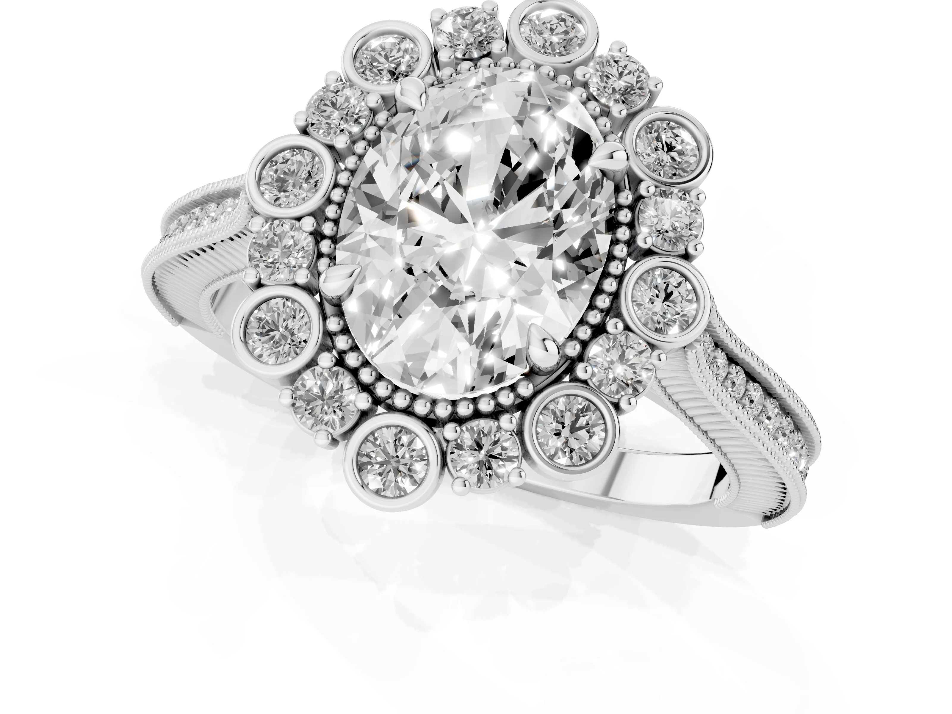 Oval Cut Diamond Halo Milgrain Pavé Ring Set in Platinum with Prong Setting