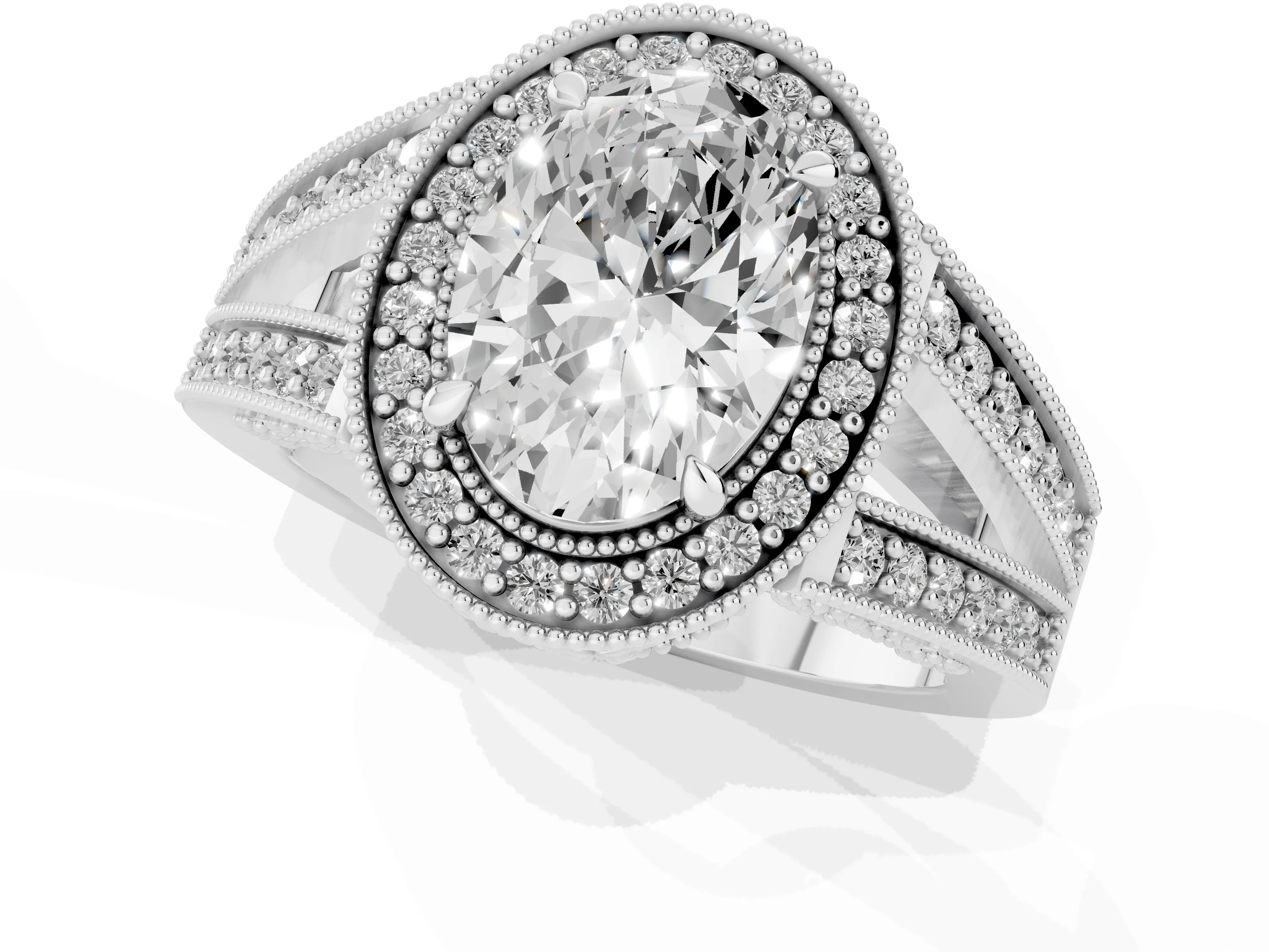 Oval Cut Diamond Halo Ring Set in Platinum with Stone-Set Split Shank and Milgrain Edges