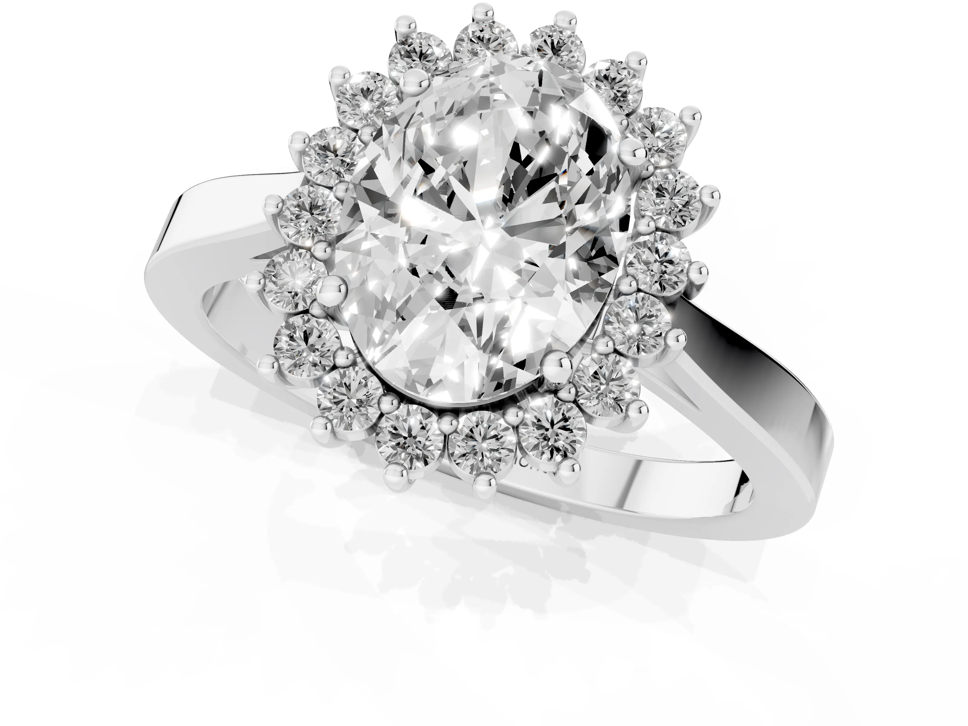 Oval Cut Diamond Halo Ring Set in White gold with Round Halo and Smooth Solitaire Band