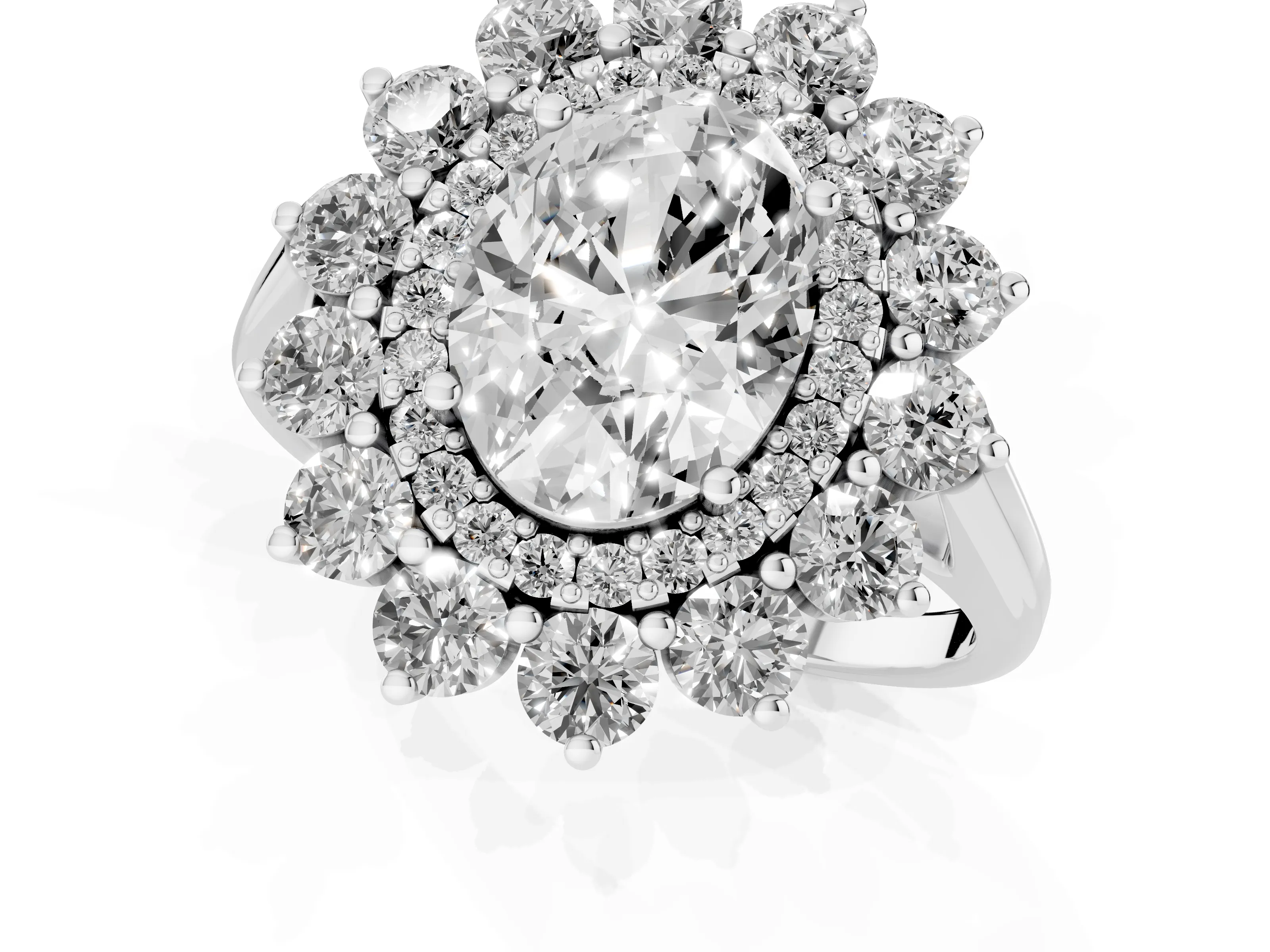 Oval Cut Diamond Floral Double Halo Ring Set in Platinum with Round Petals