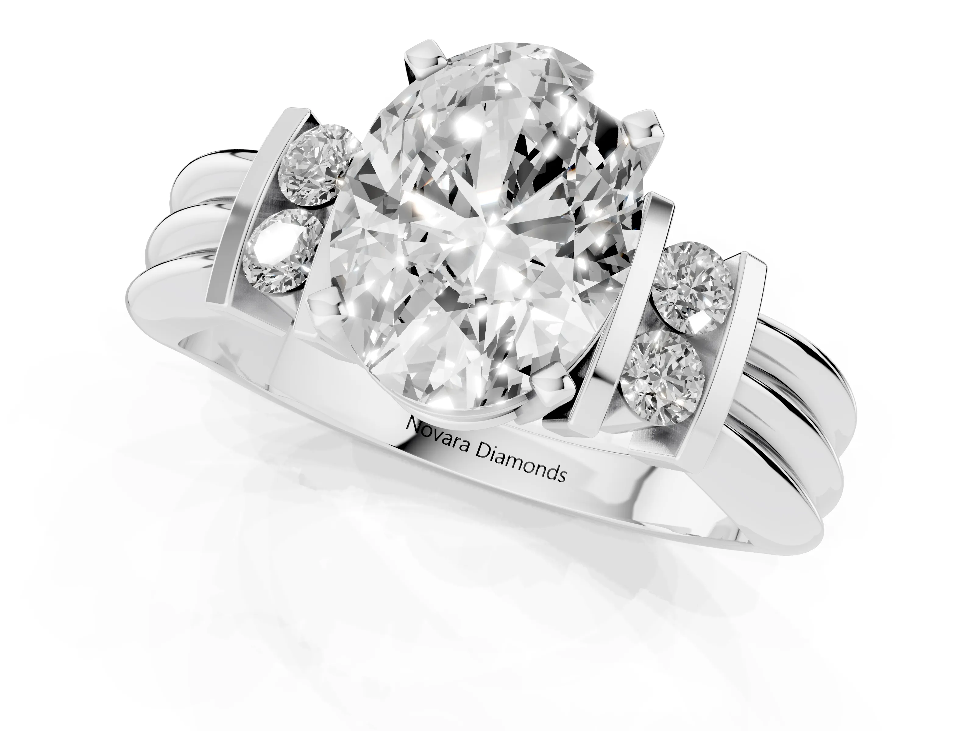 Three-Stone Oval Cut Diamond Channel Set Ring Set in Platinum with Bar Prongs