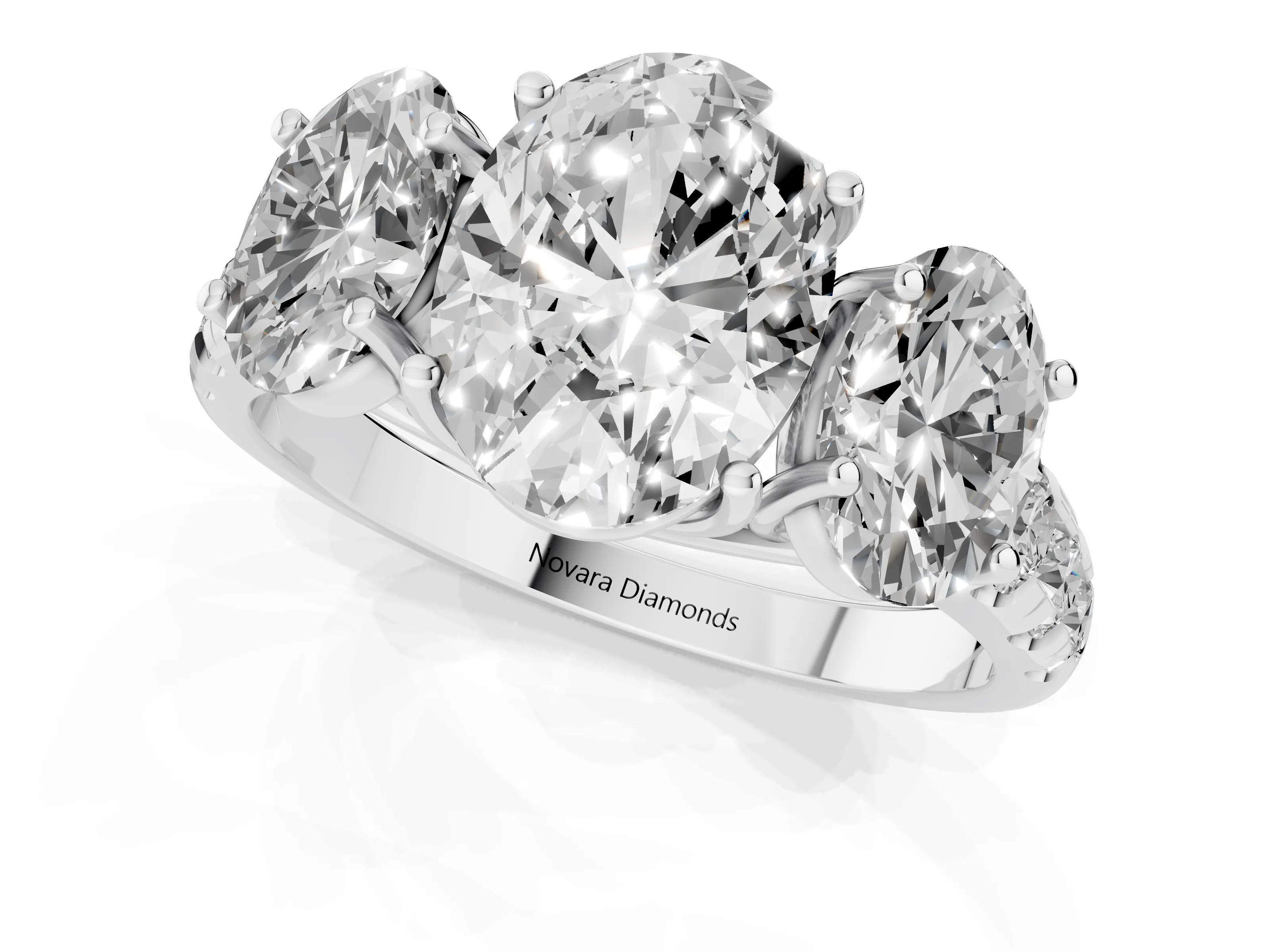 Oval Cut Diamond Three-Stone Ring Set in Silver with Pavé Band